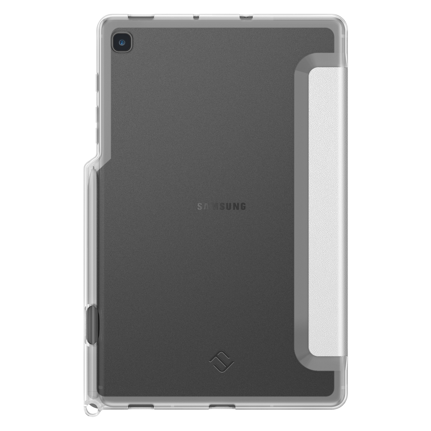 Tablet in klarer Hülle. Graue Rückseite, Kameralinse und offene Abdeckung rechts. Stift links.