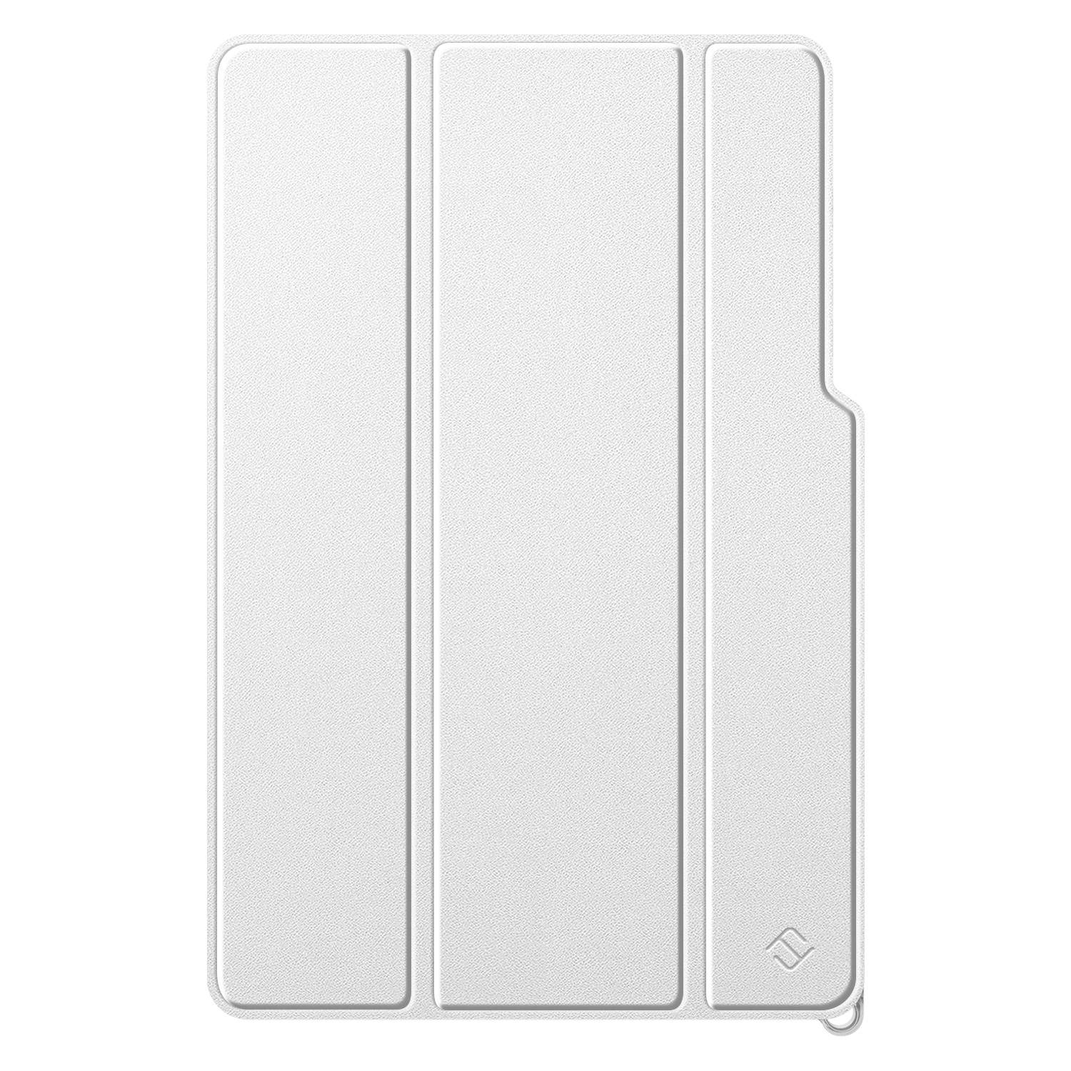 Weiße Tablet-Hülle mit strukturierter Oberfläche und faltbarem Design.