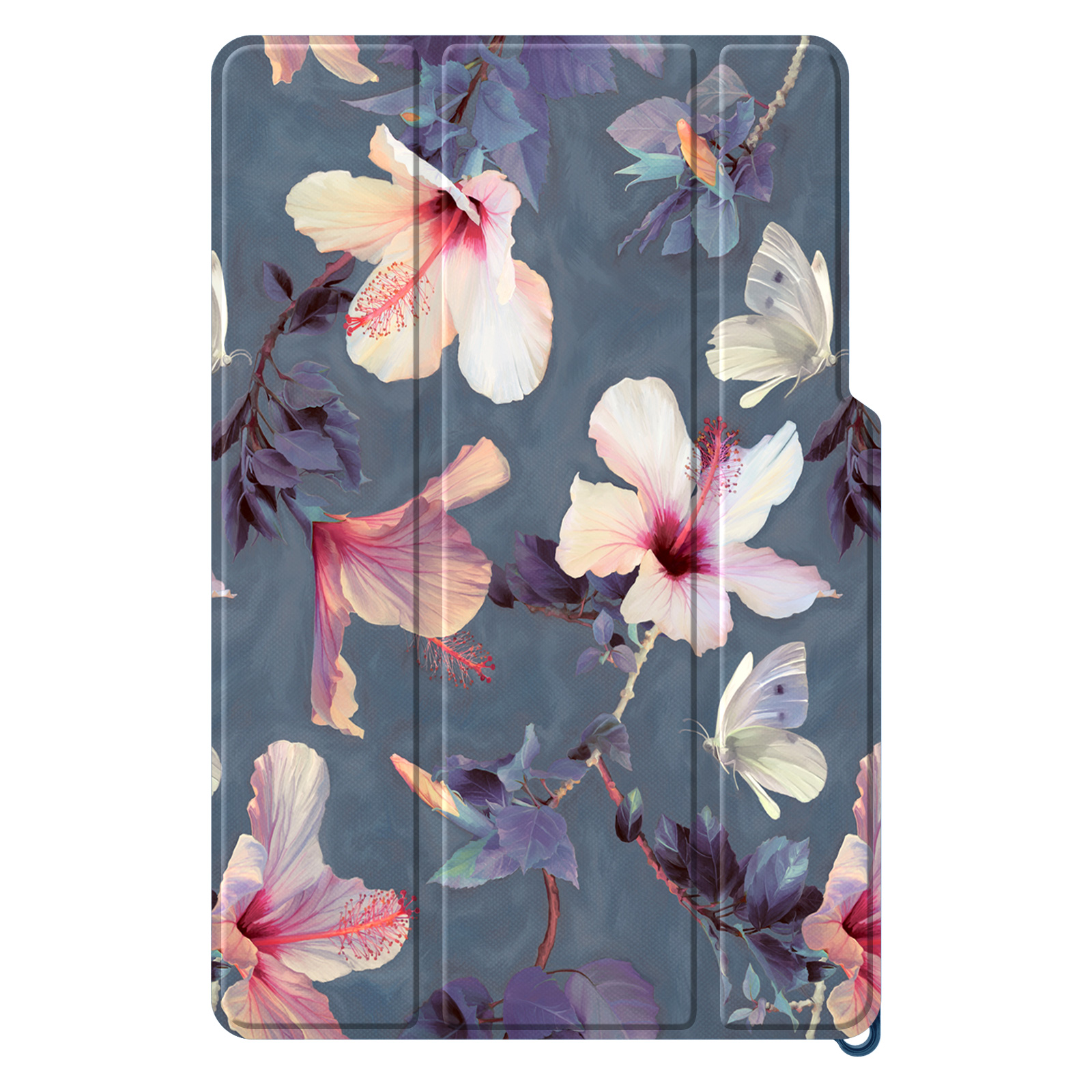 Tablethülle mit einem floralen Muster aus Hibiskus und Schmetterlingen auf blauem Grund.