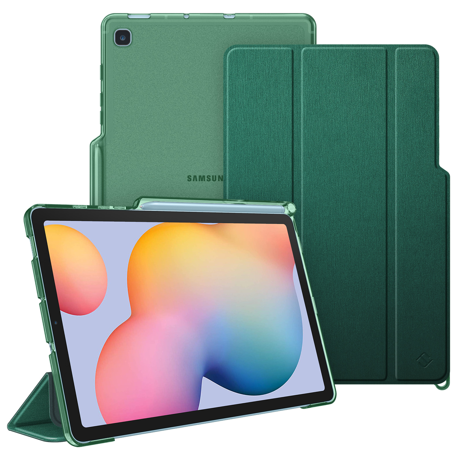 Grünes Tablet mit Hülle und Stift. Der Tablet-Bildschirm zeigt bunte Formen.