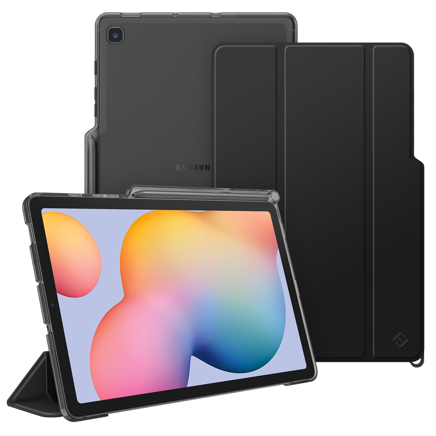 Schwarzes Tablet mit Hülle, offener Abdeckung und einer durchsichtigen Hülle. Display zeigt buntes abstraktes Bild.