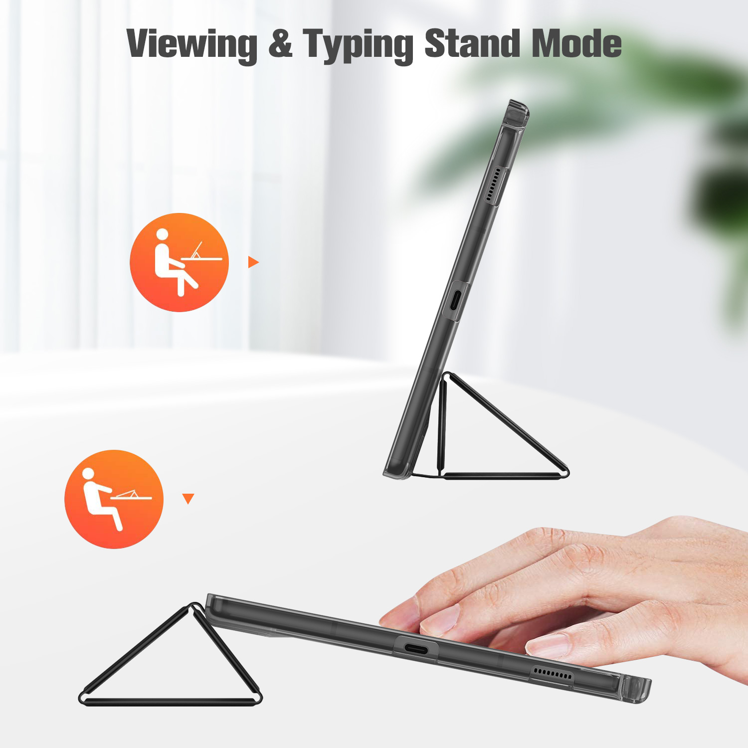 Tablet-Hülle im Standmodus. Eine Hand richtet die Hülle ein.