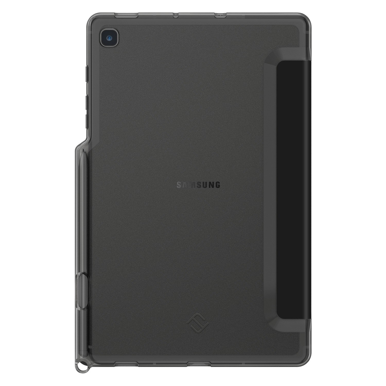 Eine transparente Tablet-Hülle mit einem schwarzen Tablet darin, Winkelansicht.
