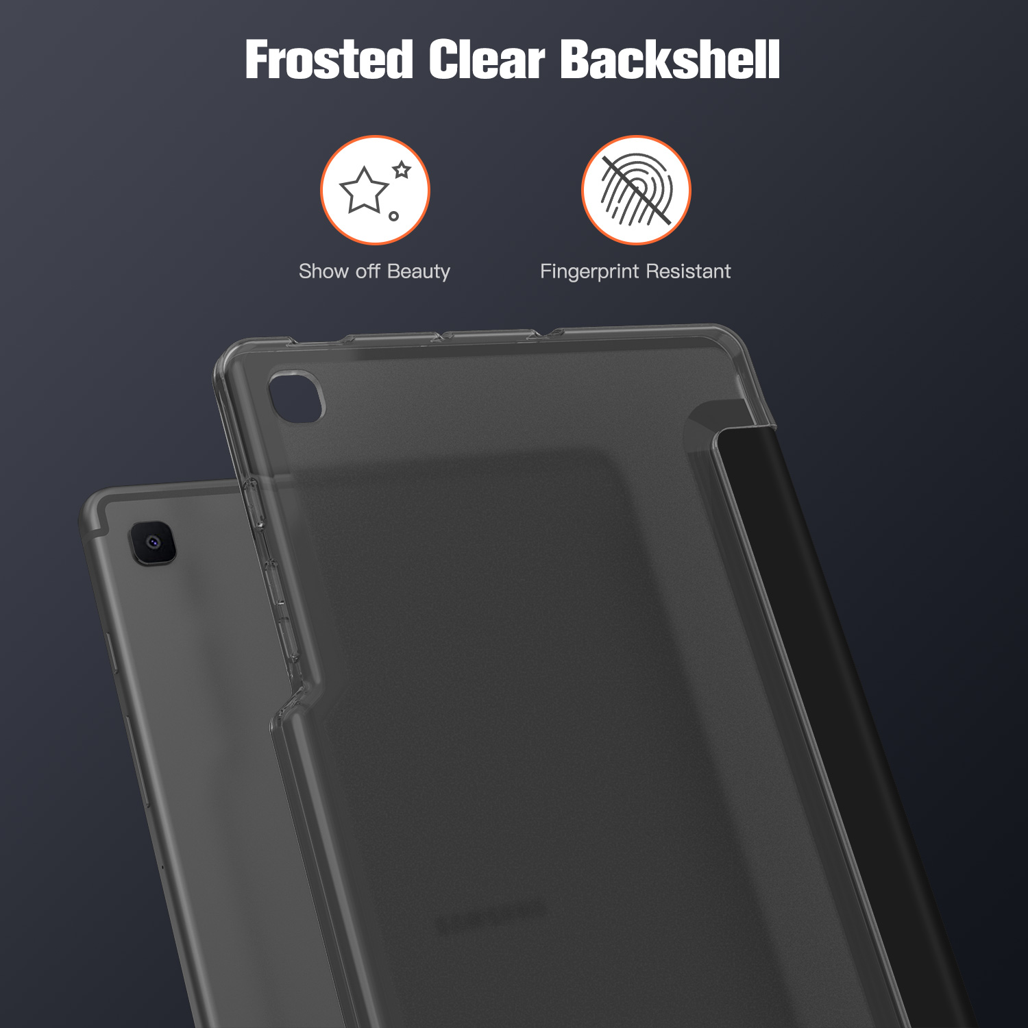 Eine klare Hülle. Ein dunkles Tablet ist darin. Text zeigt an, dass es fingerabdruckresistent ist.