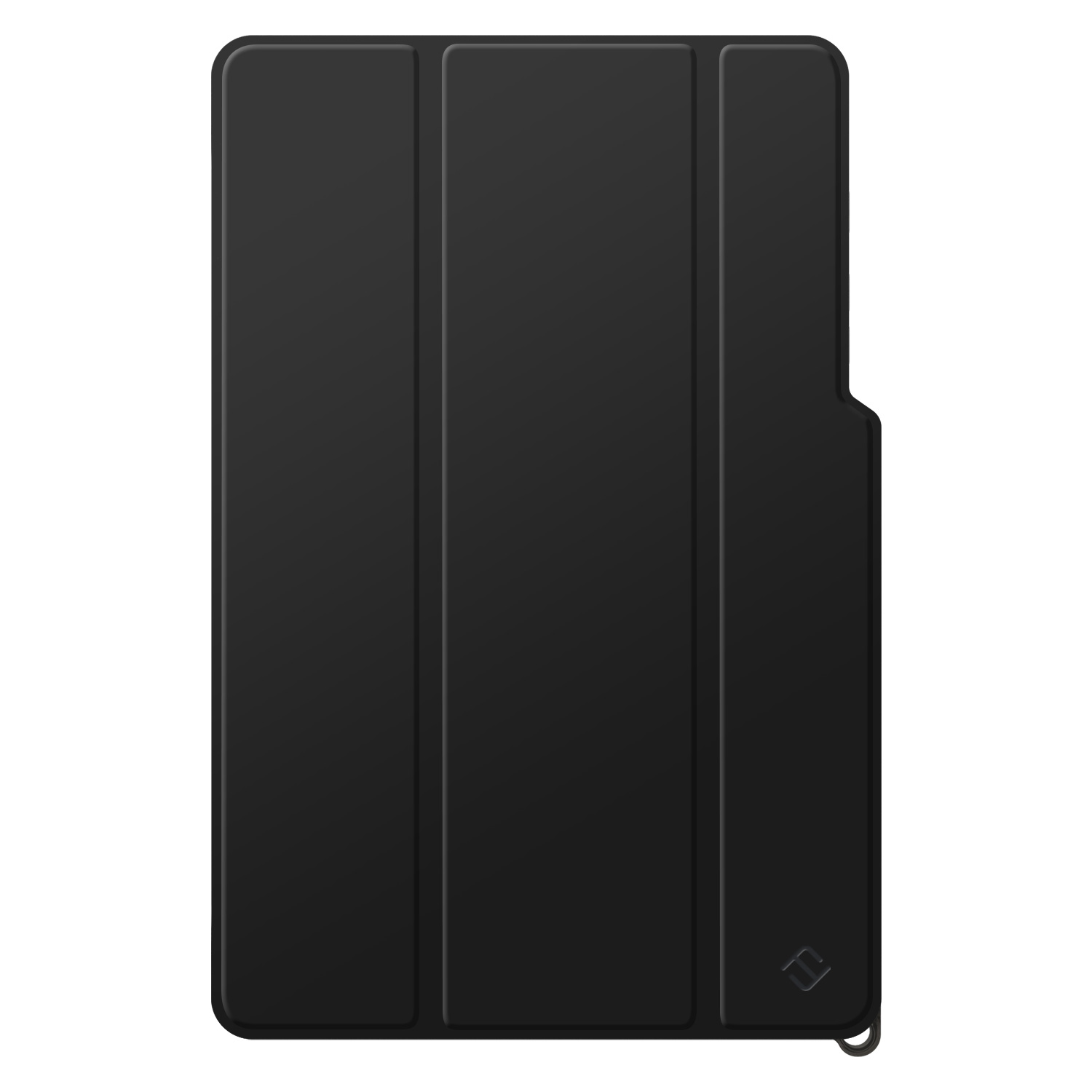 Eine schwarze Tablet-Hülle mit Magnetverschluss. Die Hülle ist schlicht und modern gestaltet.