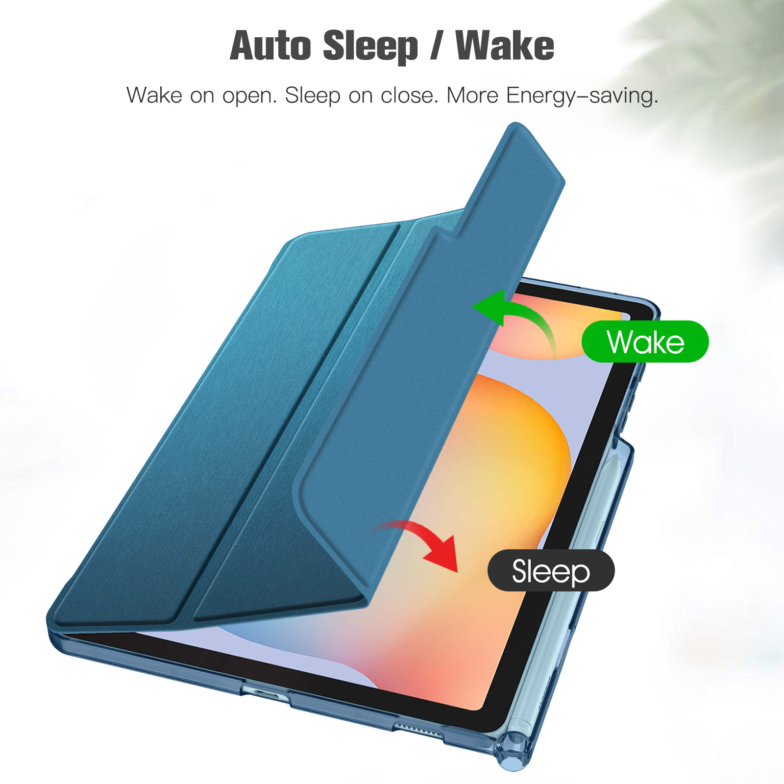 Ein Tablet mit blauem Case, geöffnet, zeigt die Funktionen 'Wake' und 'Sleep'.