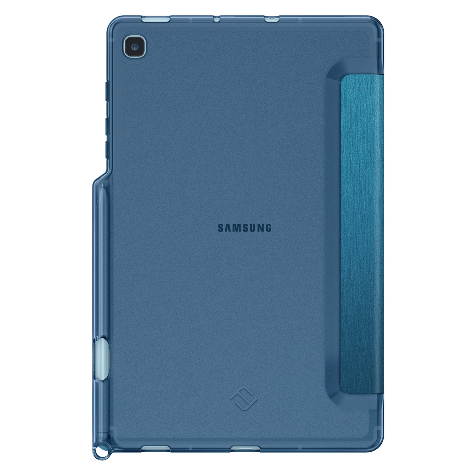 Eine transparente Tablet-Hülle mit einem blauen Tablet darin, Winkelansicht.