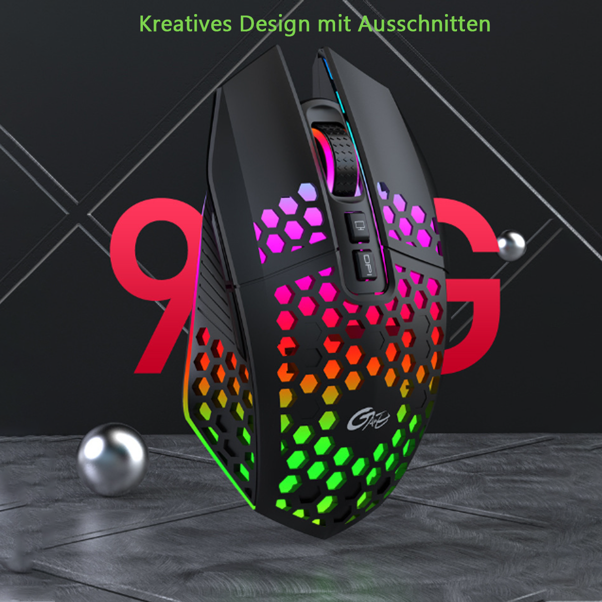 Schwarze Gaming-Maus mit buntem Wabenmuster und mehreren Tasten.