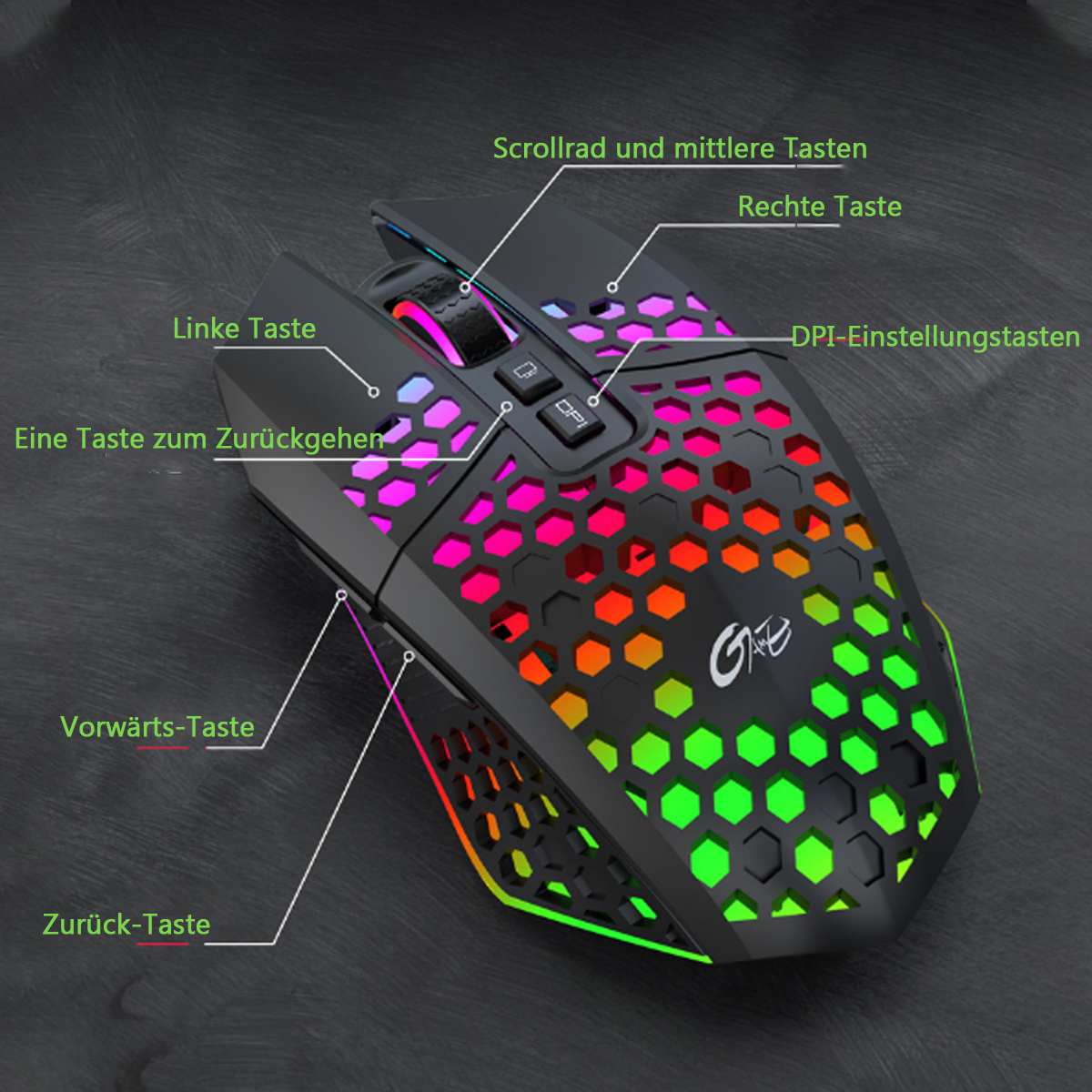 Schwarze Gaming-Maus mit farbigen, beleuchteten Details und Beschriftungen. Dunkler Hintergrund.