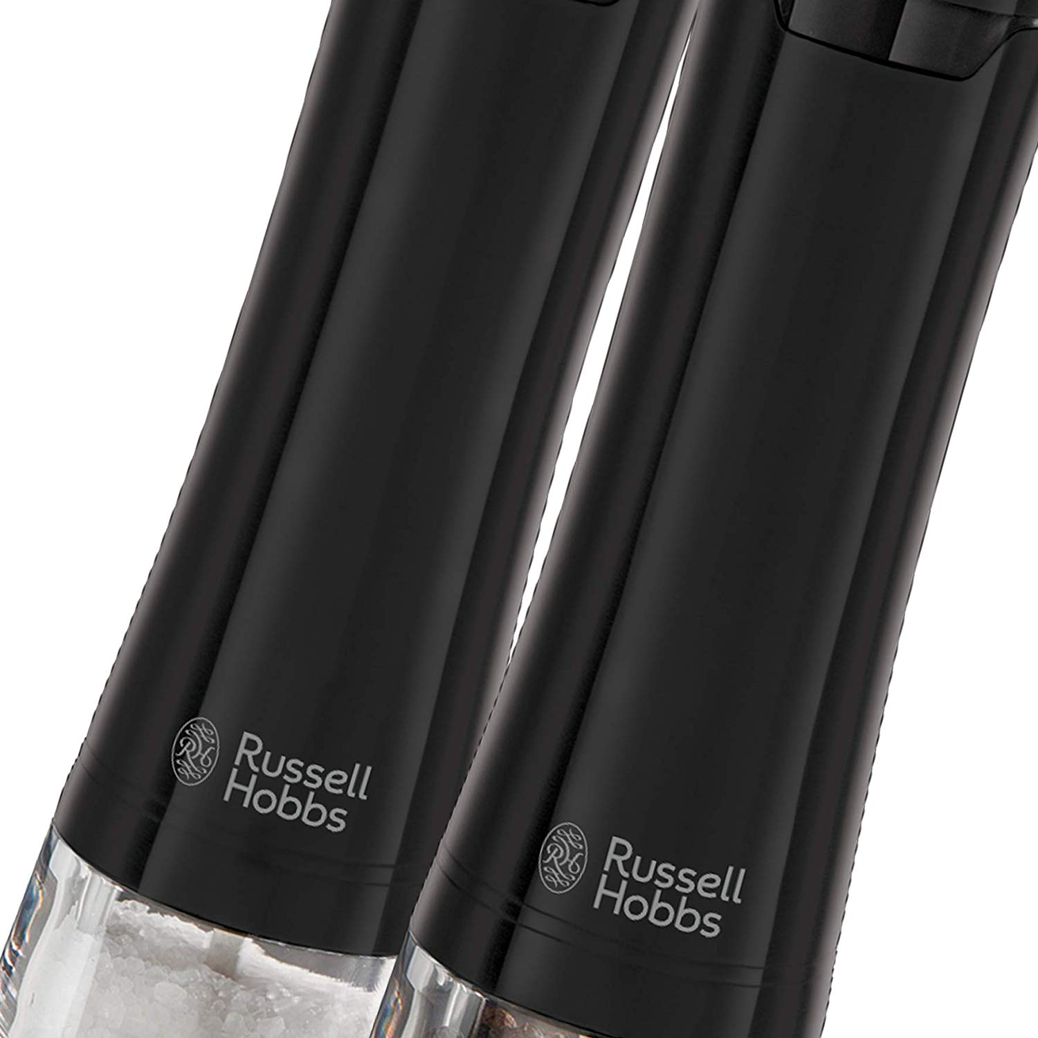 Deux moulins à sel et à poivre noirs de la marque Russell Hobbs, vue rapprochée.