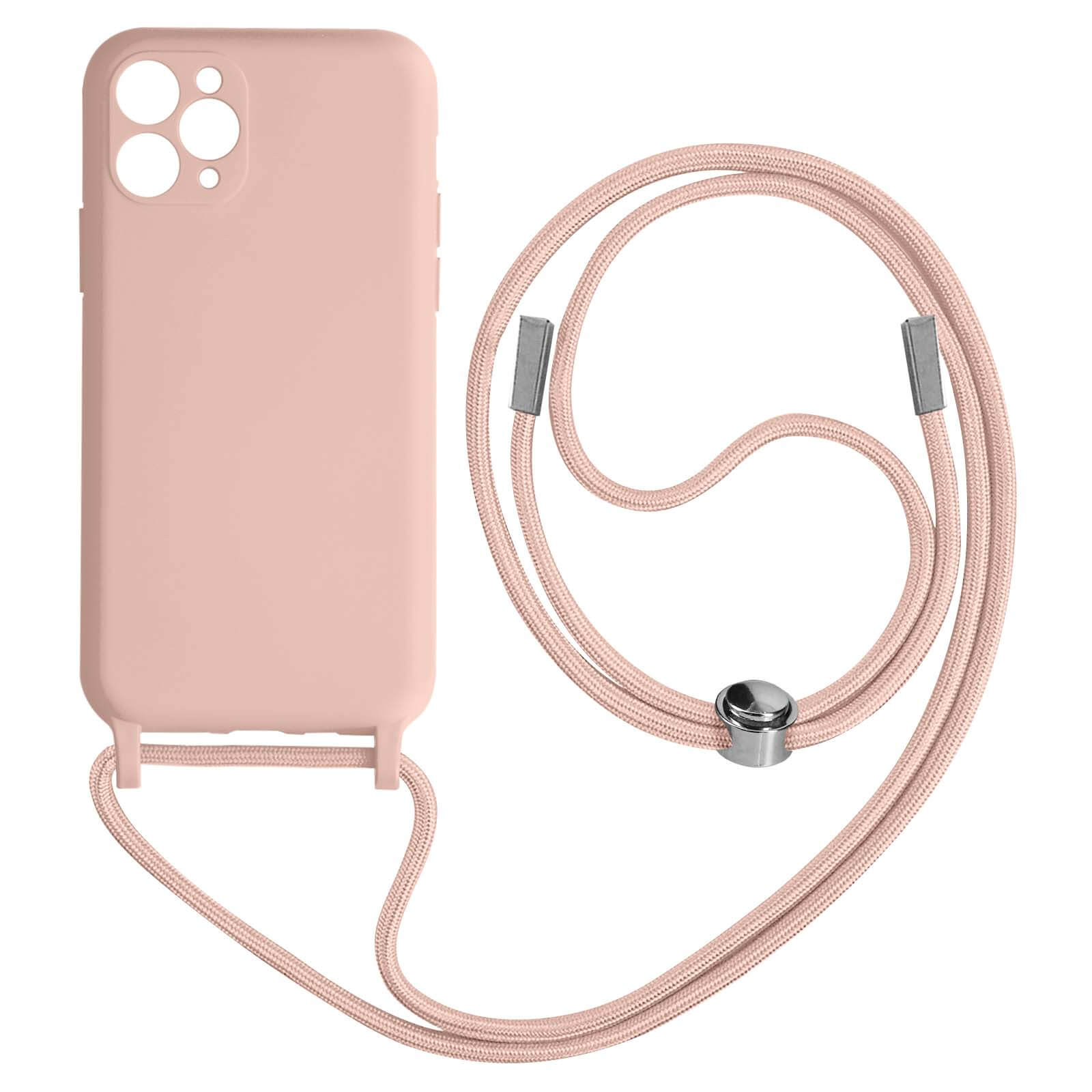 Coque de téléphone rose avec un cordon rose assorti sur fond blanc.