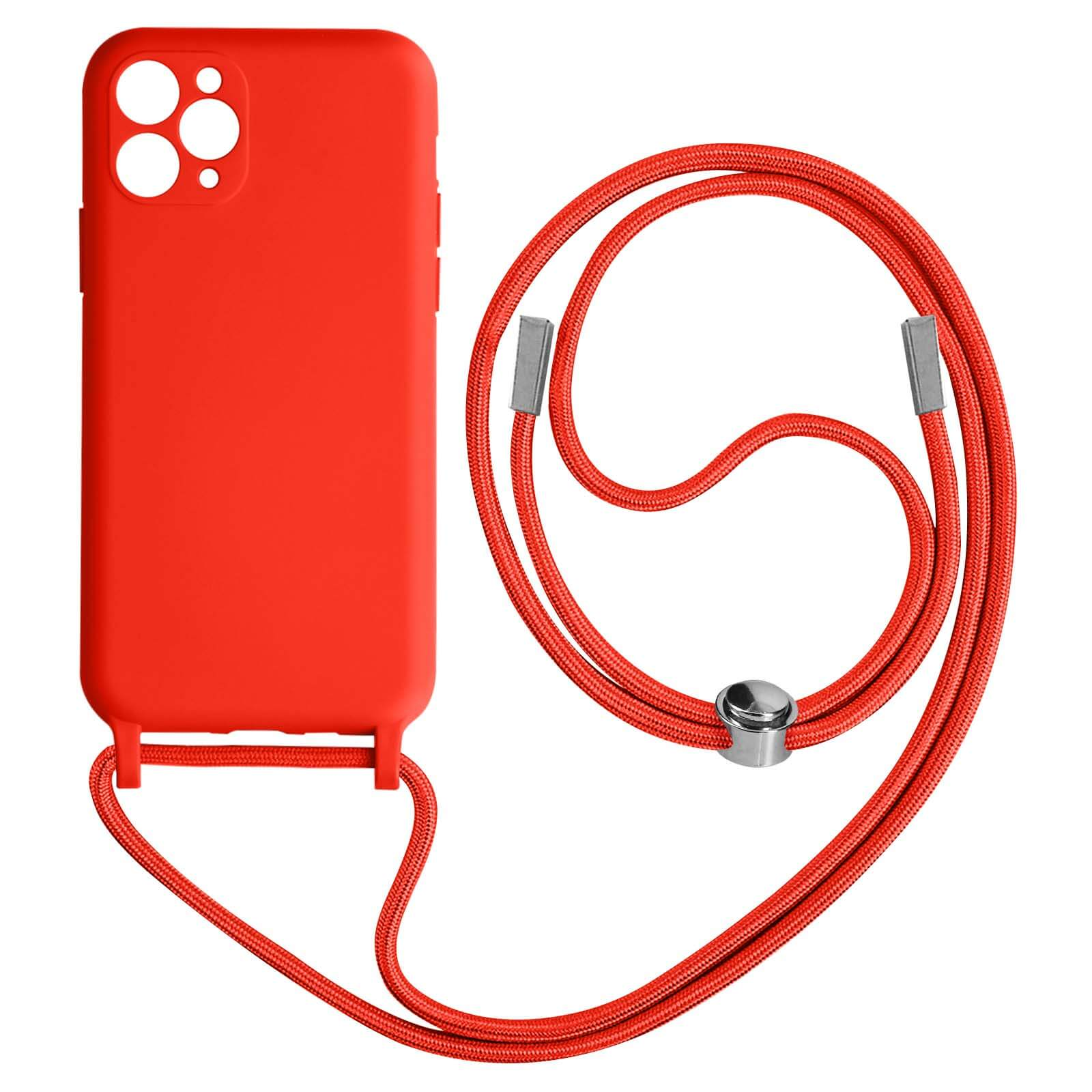 Coque de téléphone rouge avec cordon rouge. La coque a des trous pour l'appareil photo. Le cordon a des attaches argentées.