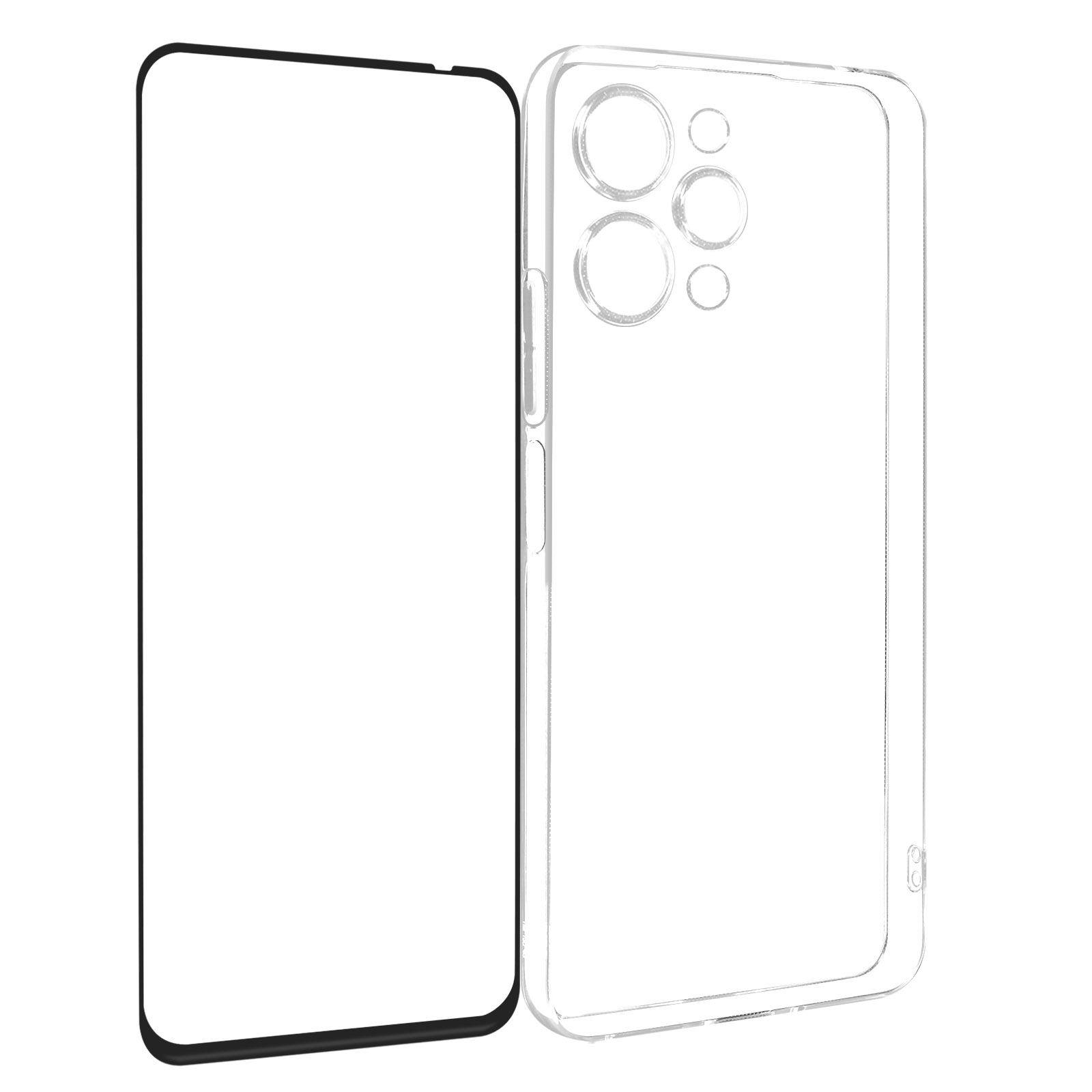 Due custodie trasparenti per telefono. Una è una protezione per lo schermo, l'altra ha ritagli per la fotocamera.