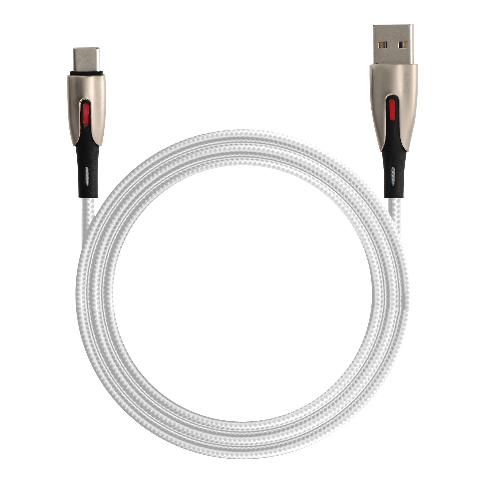 Cavo da USB-C a USB-A bianco e argento. Il cavo è arrotolato. Connettori metallici.