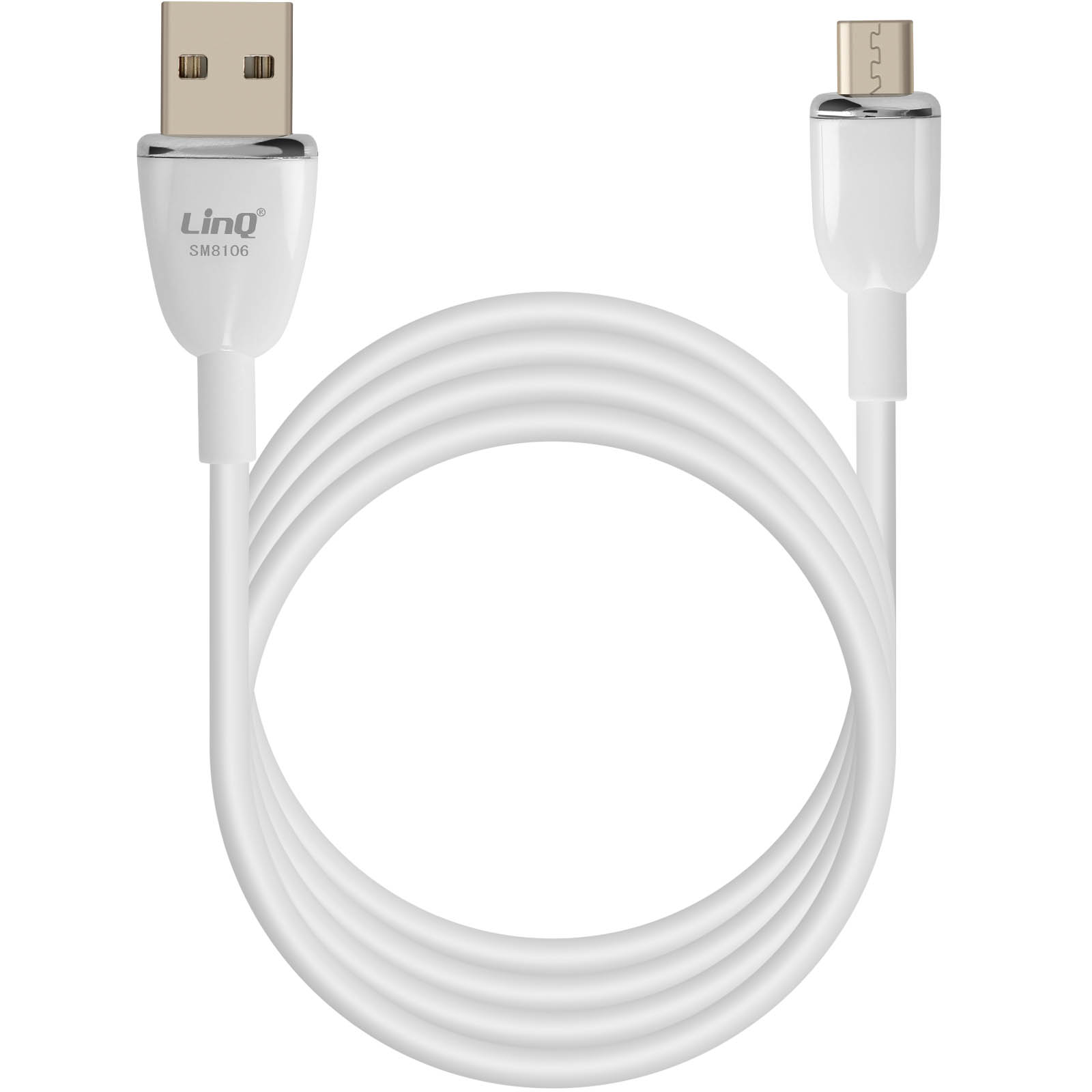 Cavo da USB a Micro USB bianco, marca LinQ, sfondo bianco.