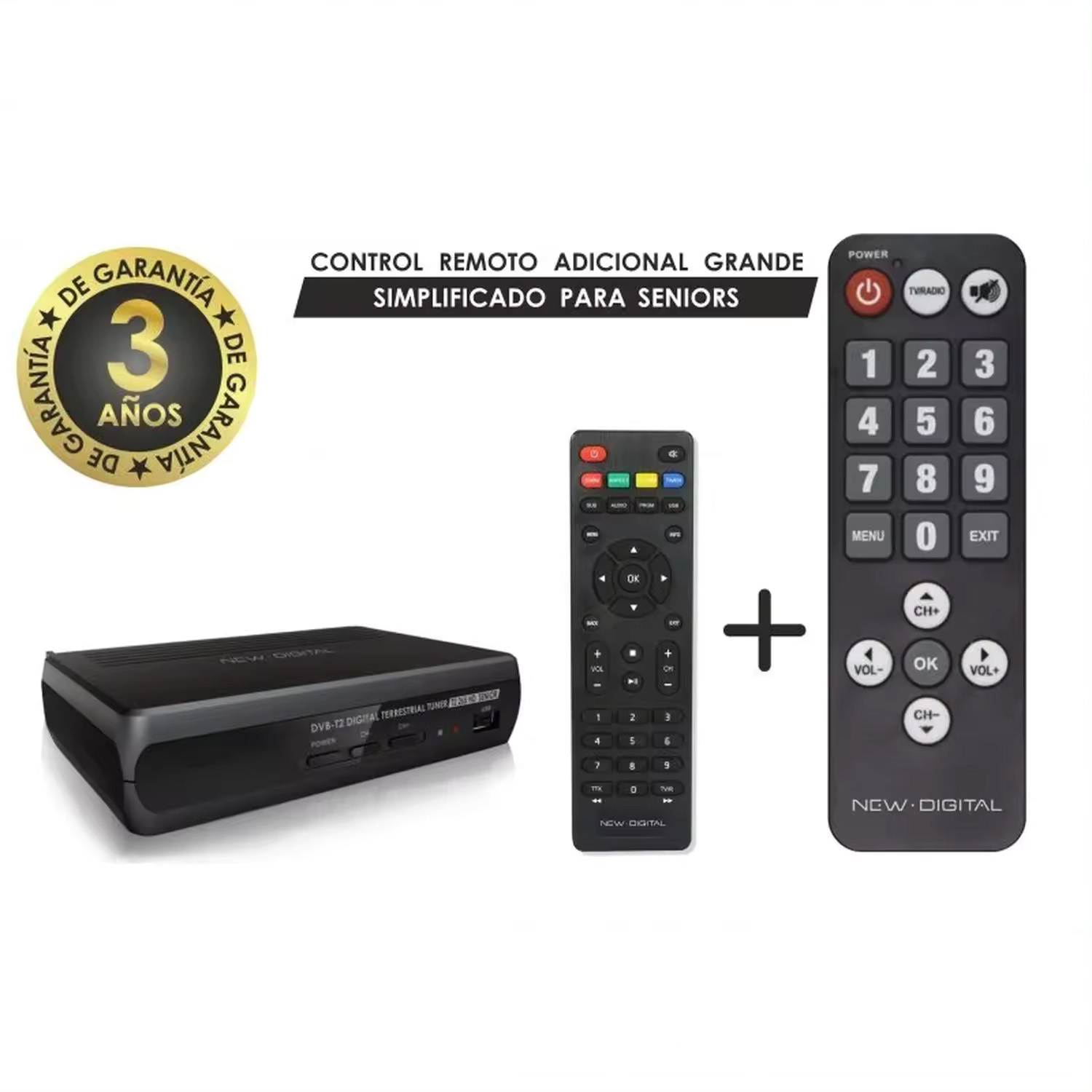 Juego de mandos a distancia de TV y un receptor digital. Hay un logotipo de garantía de 3 años.