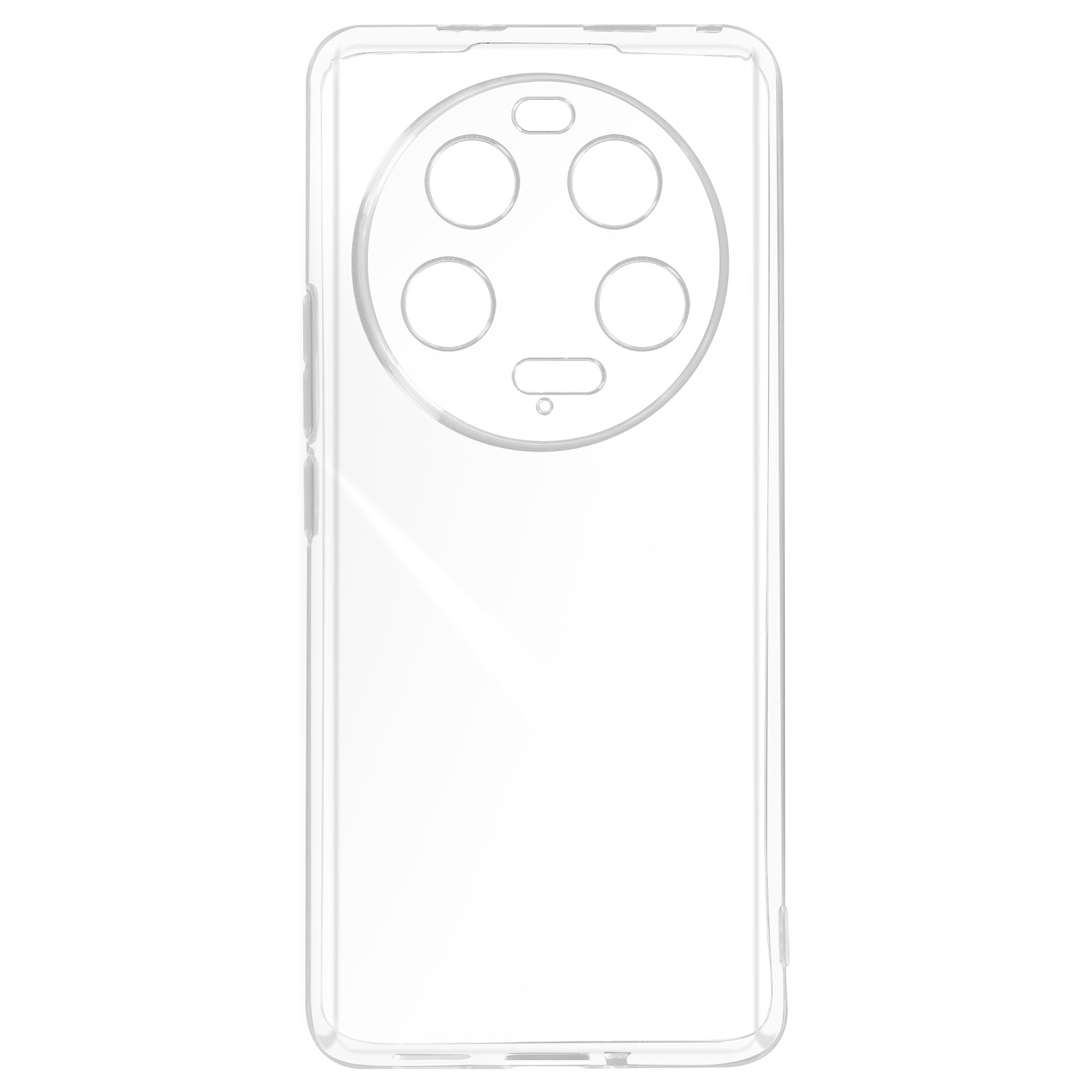 Custodia trasparente per telefono con ritaglio fotocamera. Sfondo bianco.
