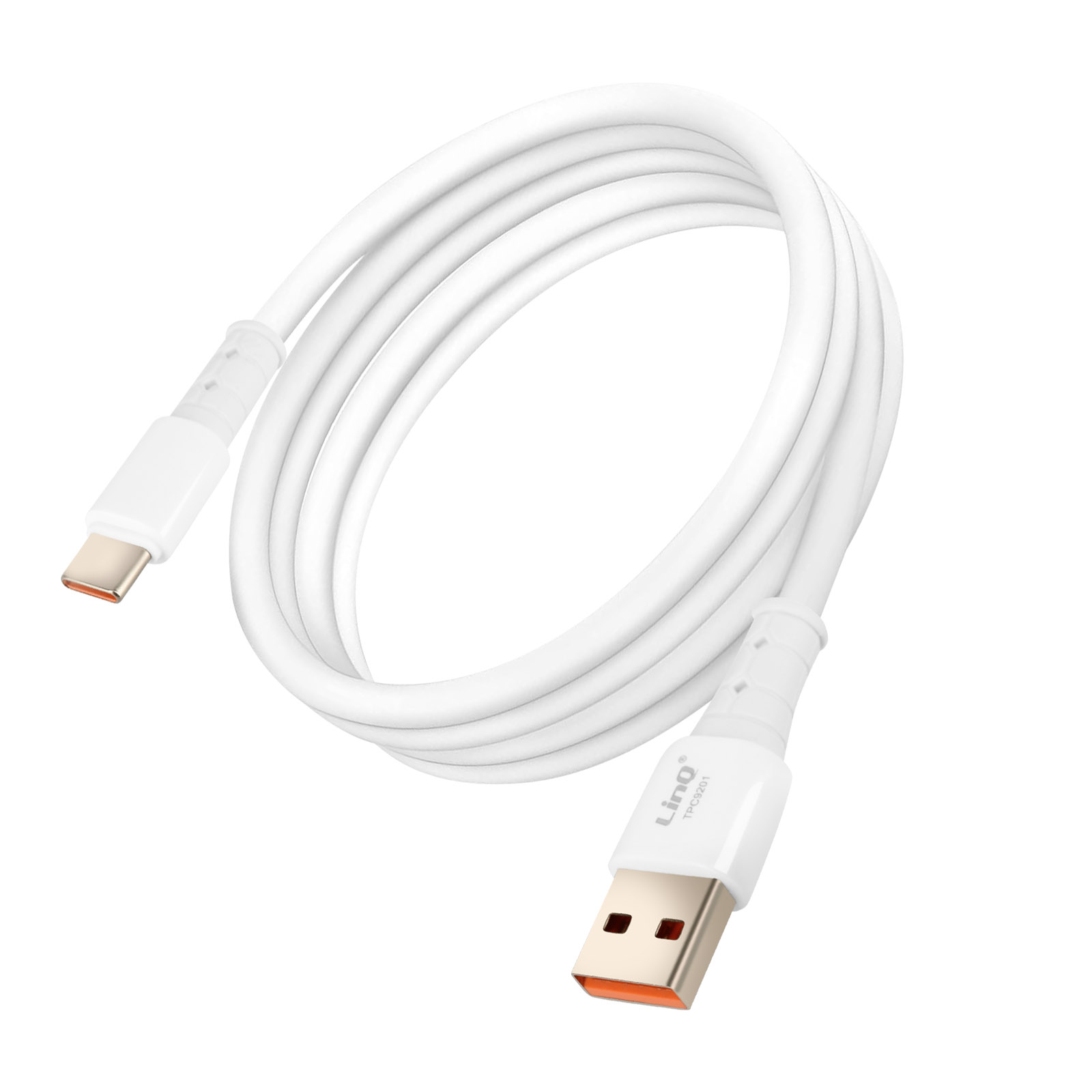 Cavo da USB-C a USB bianco, arrotolato. Marchio Lino. Isolato su sfondo bianco.