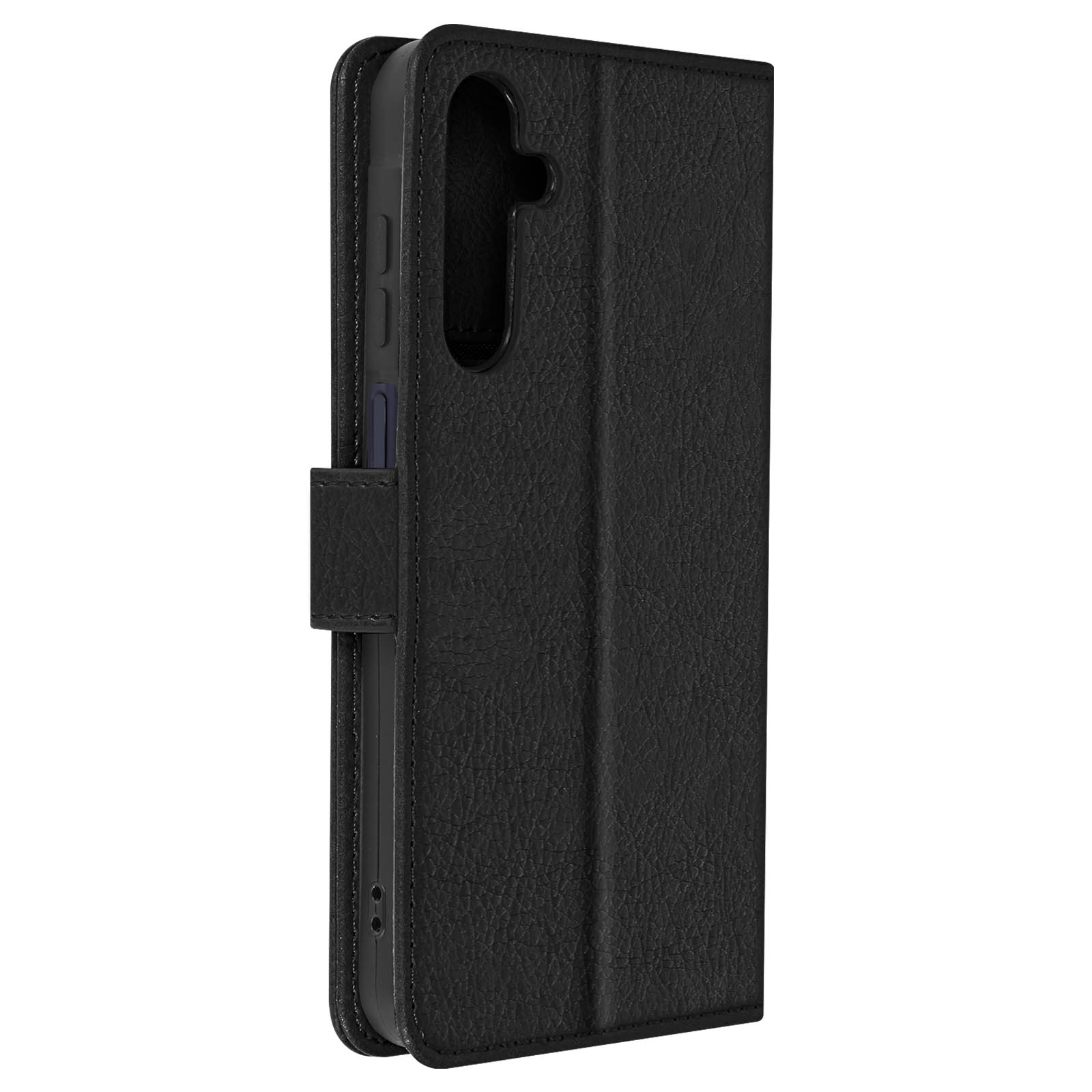 Schwarze Handyhülle im Brieftaschenstil, links geschlossen. Auf weißem Hintergrund.