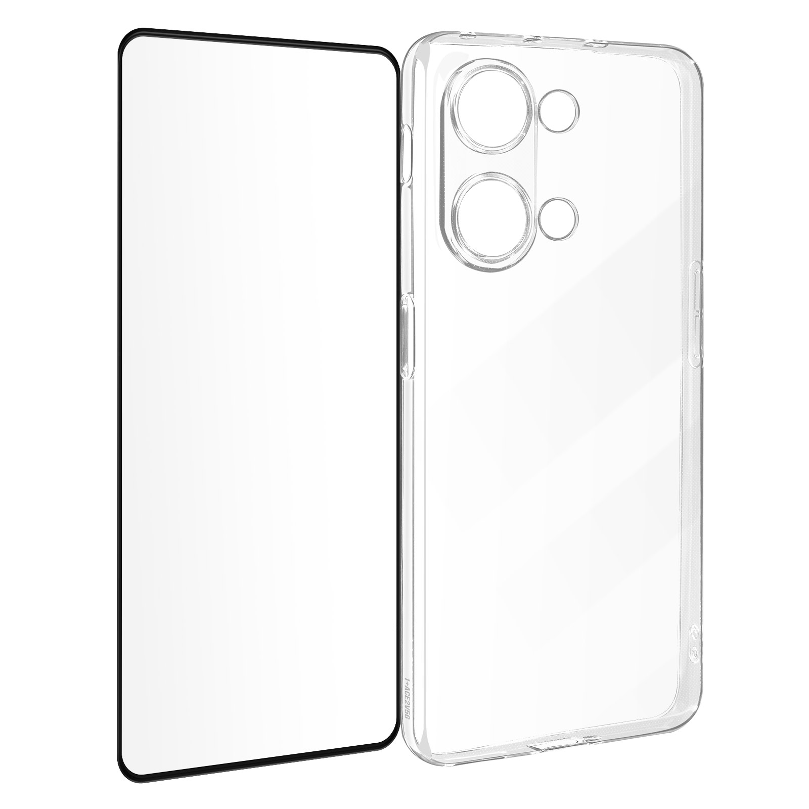 Ein Telefon und eine transparente Hülle mit Displayschutz.