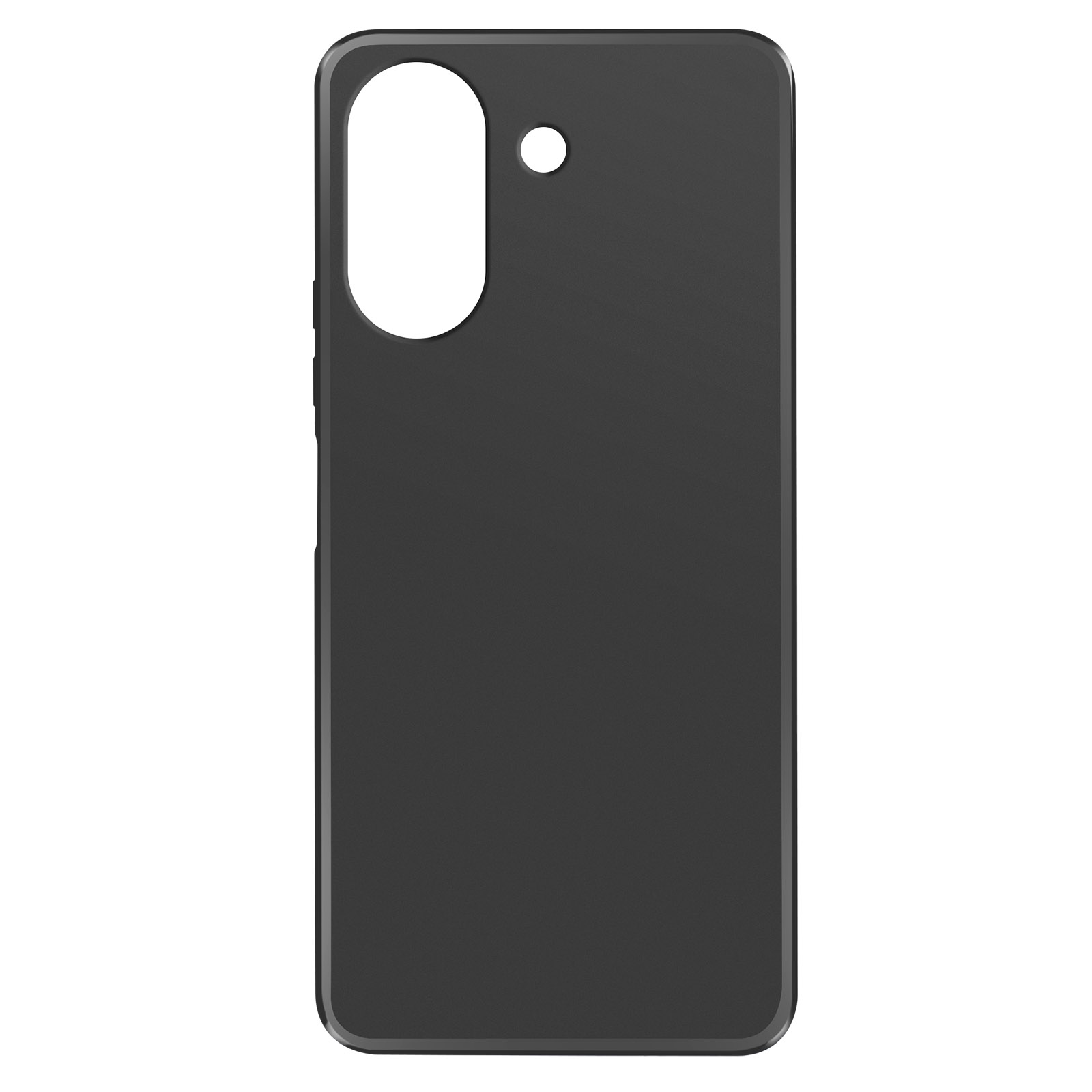 Custodia per telefono nera con un singolo ritaglio per fotocamera e pulsanti laterali.