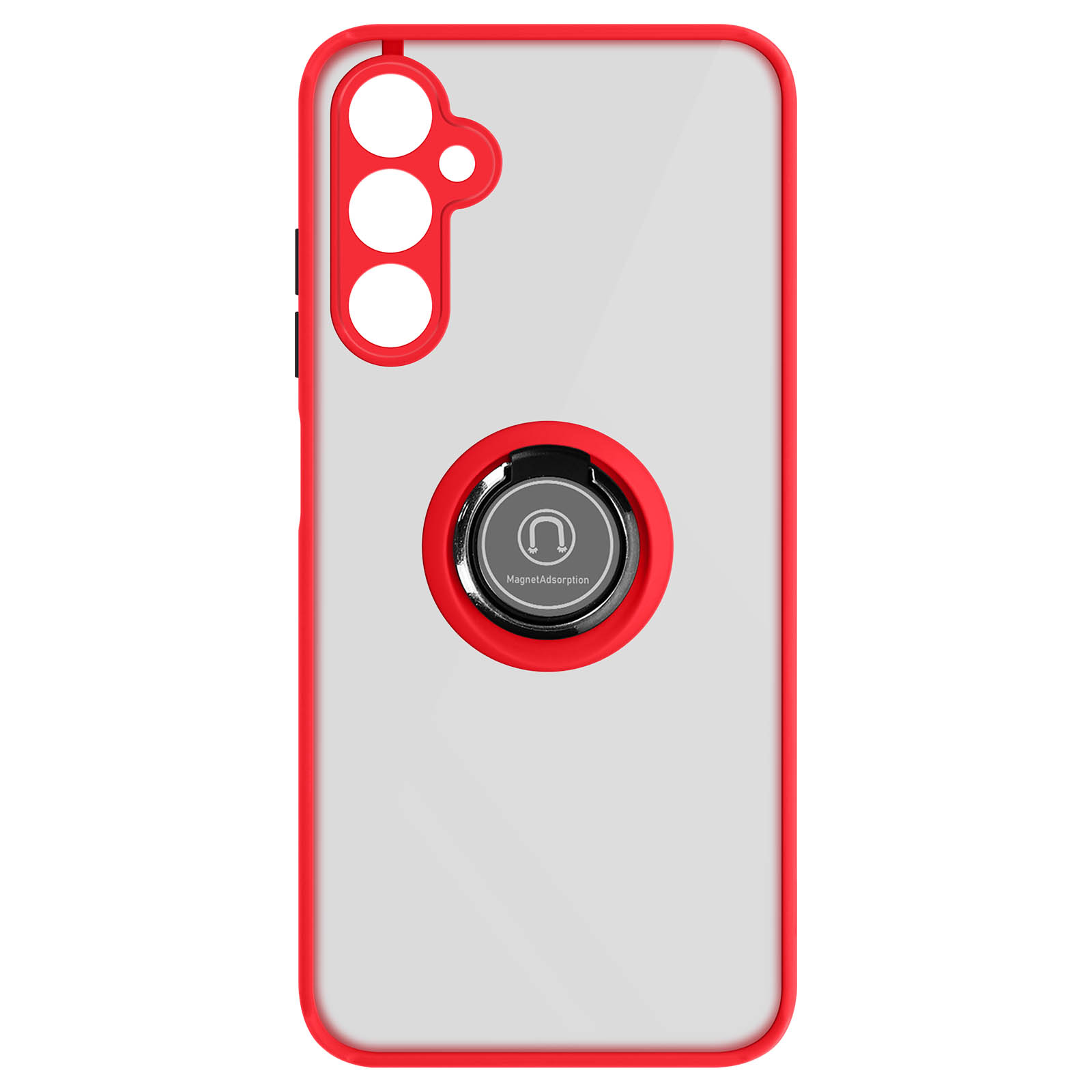 Custodia per telefono rossa e trasparente con anello e fori per la fotocamera.
