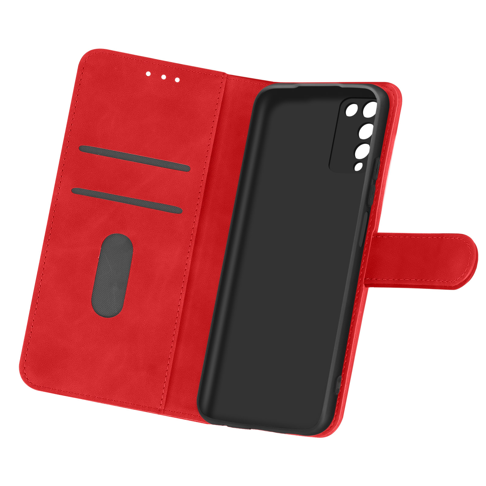 Custodia in pelle rossa, aperta per rivelare un telefono e gli slot per schede.