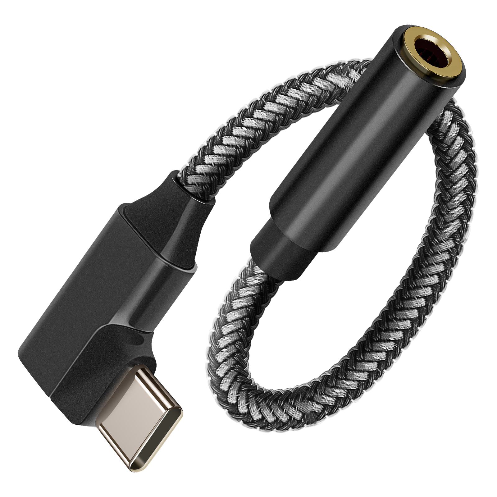 Un cable adaptador con conector USB-C y conector de audio de 3,5 mm. El cable tiene detalles en negro y gris.
