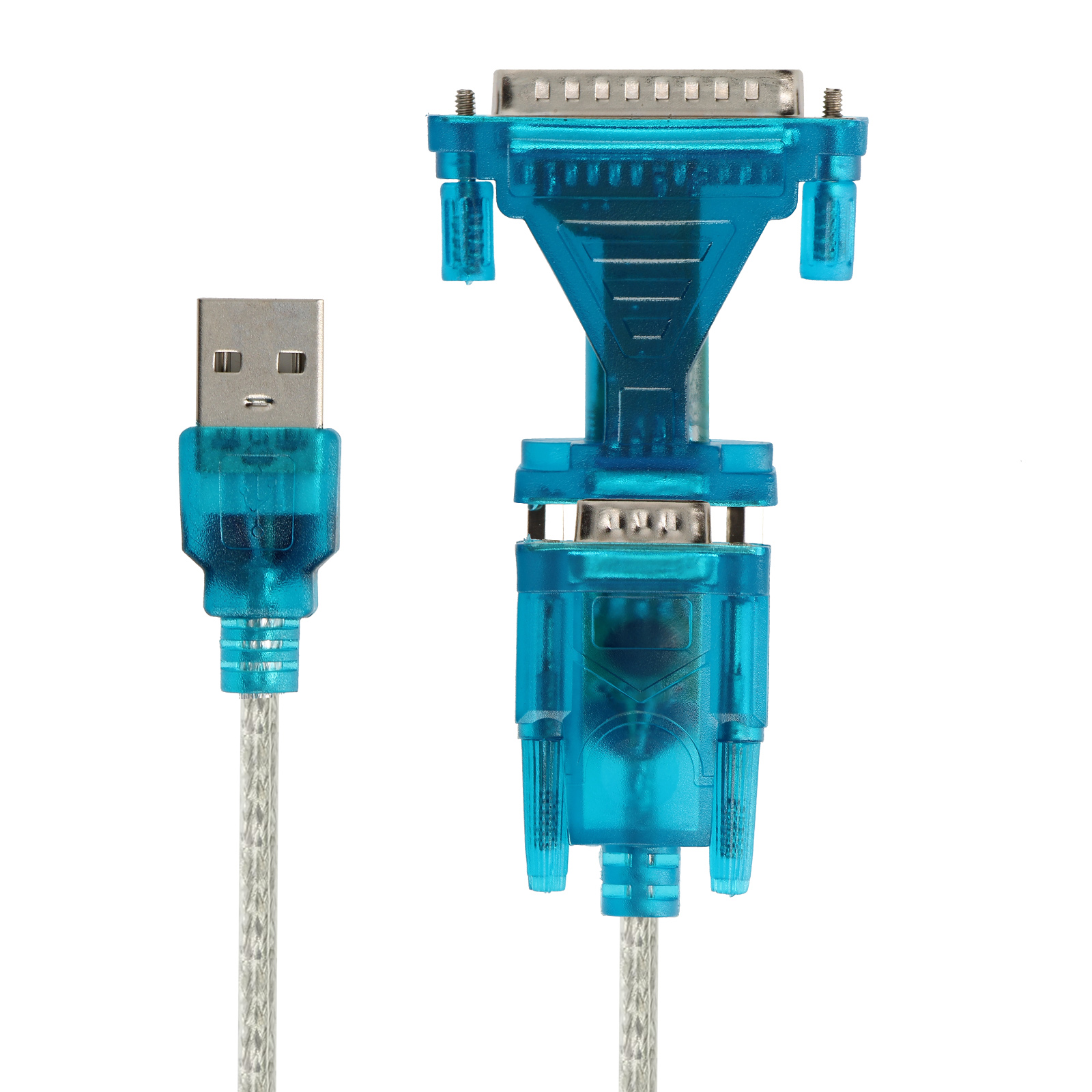 Cavo adattatore da USB a seriale blu. Connettore USB-A da un lato e connettore seriale DB9 dall'altro.