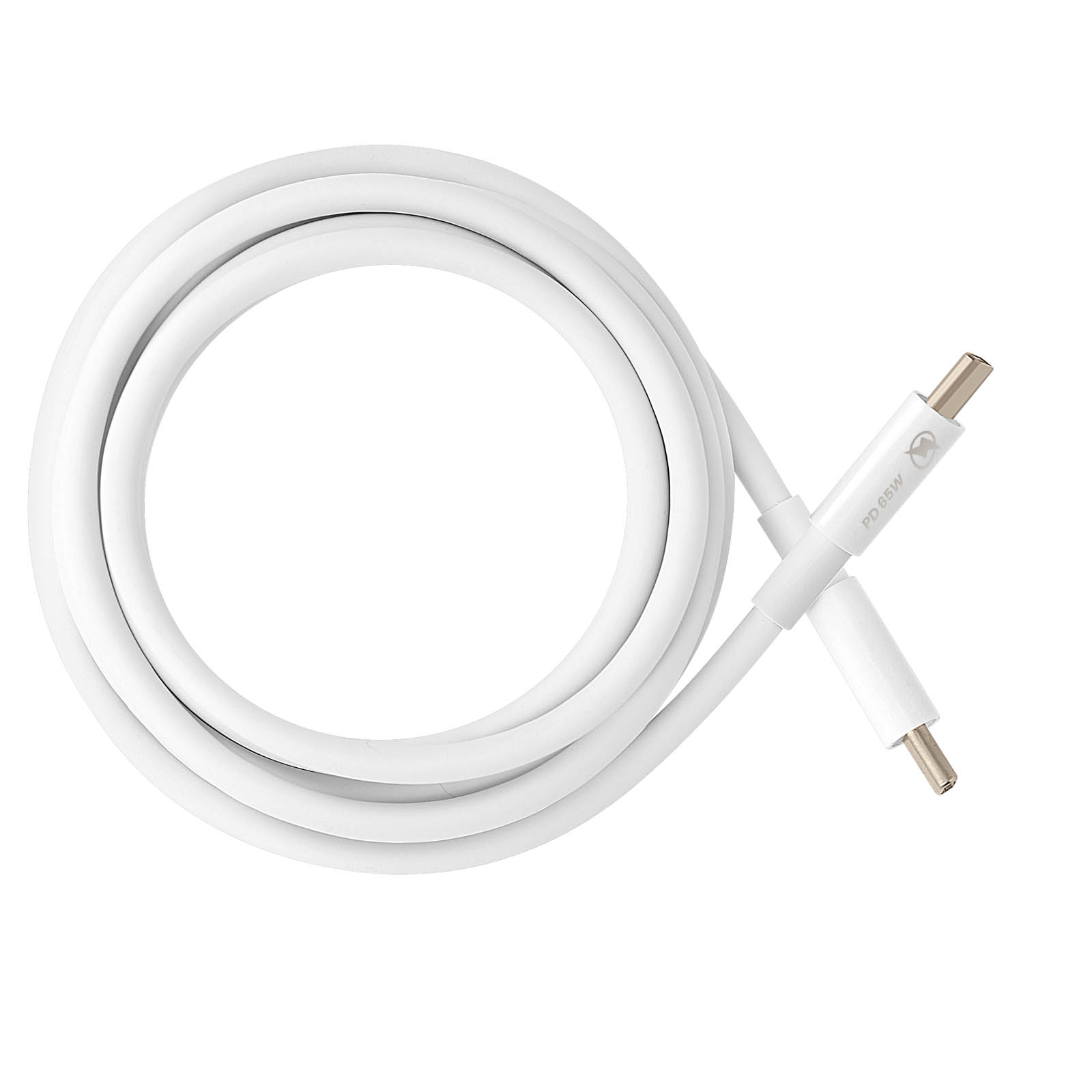 Cavo USB-C bianco. Cavo bianco con due connettori USB-C. Testo PD 65W su un connettore.