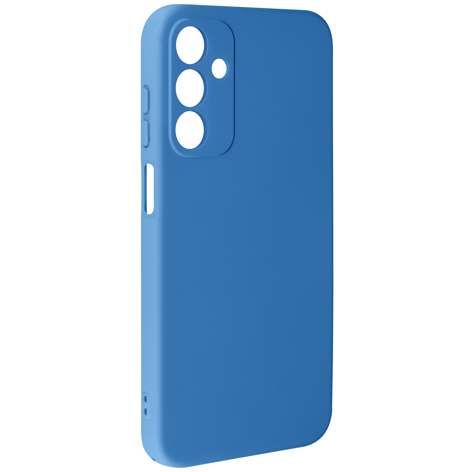 Custodia blu per telefono con aperture per fotocamera e pulsanti.