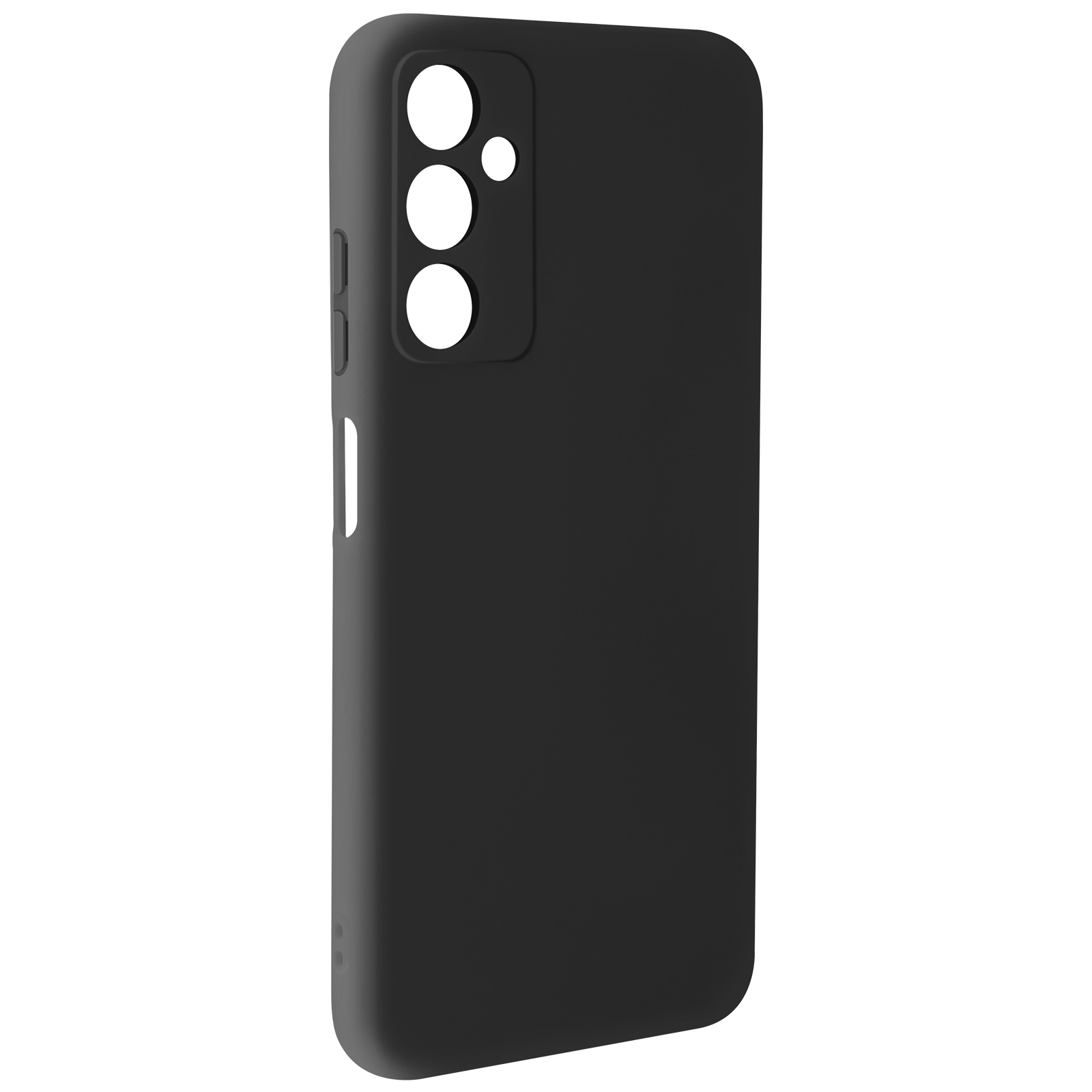Custodia nera per telefono. Il retro della custodia, con ritagli per fotocamera e pulsanti.