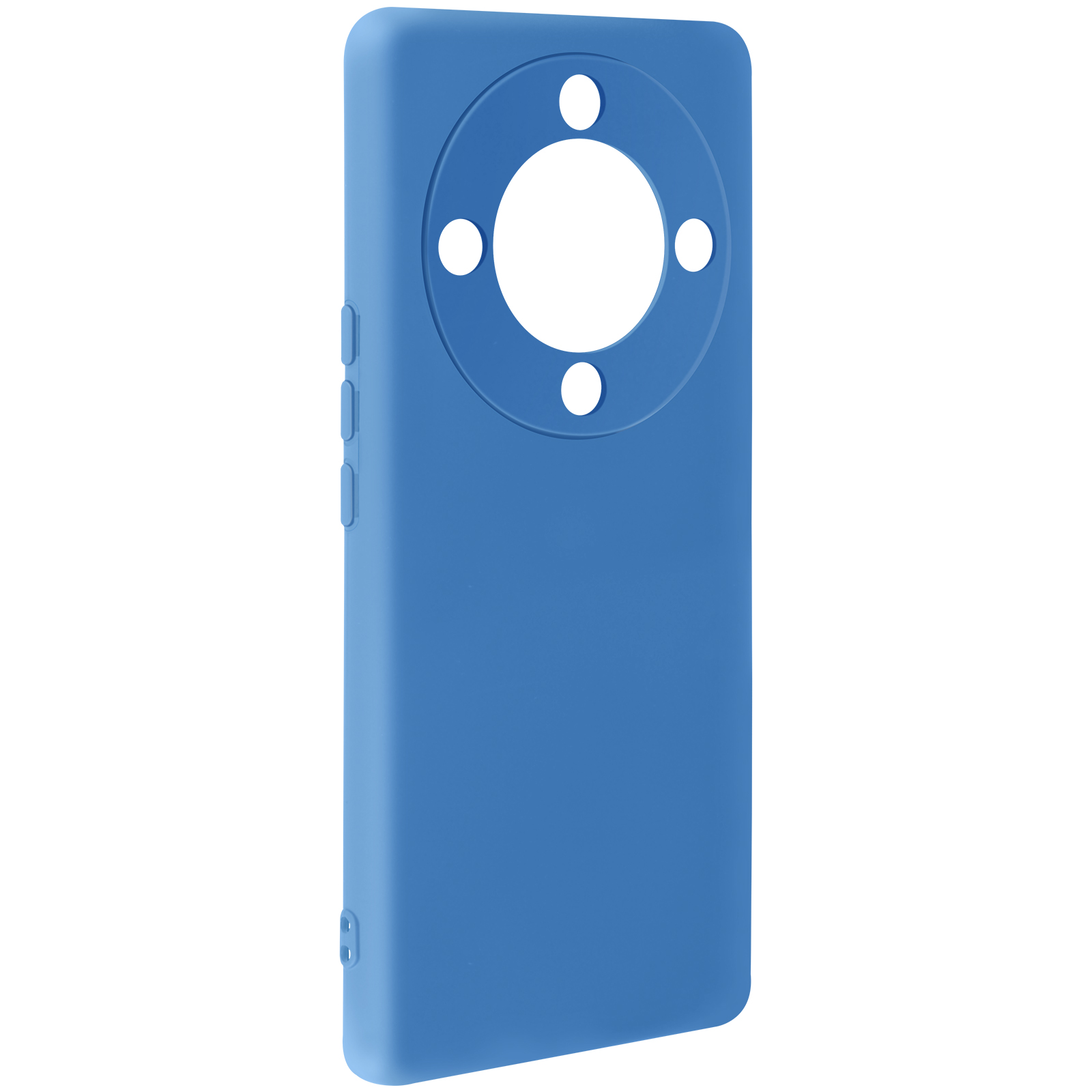 Custodia per telefono blu con ampia apertura per fotocamera su sfondo bianco.