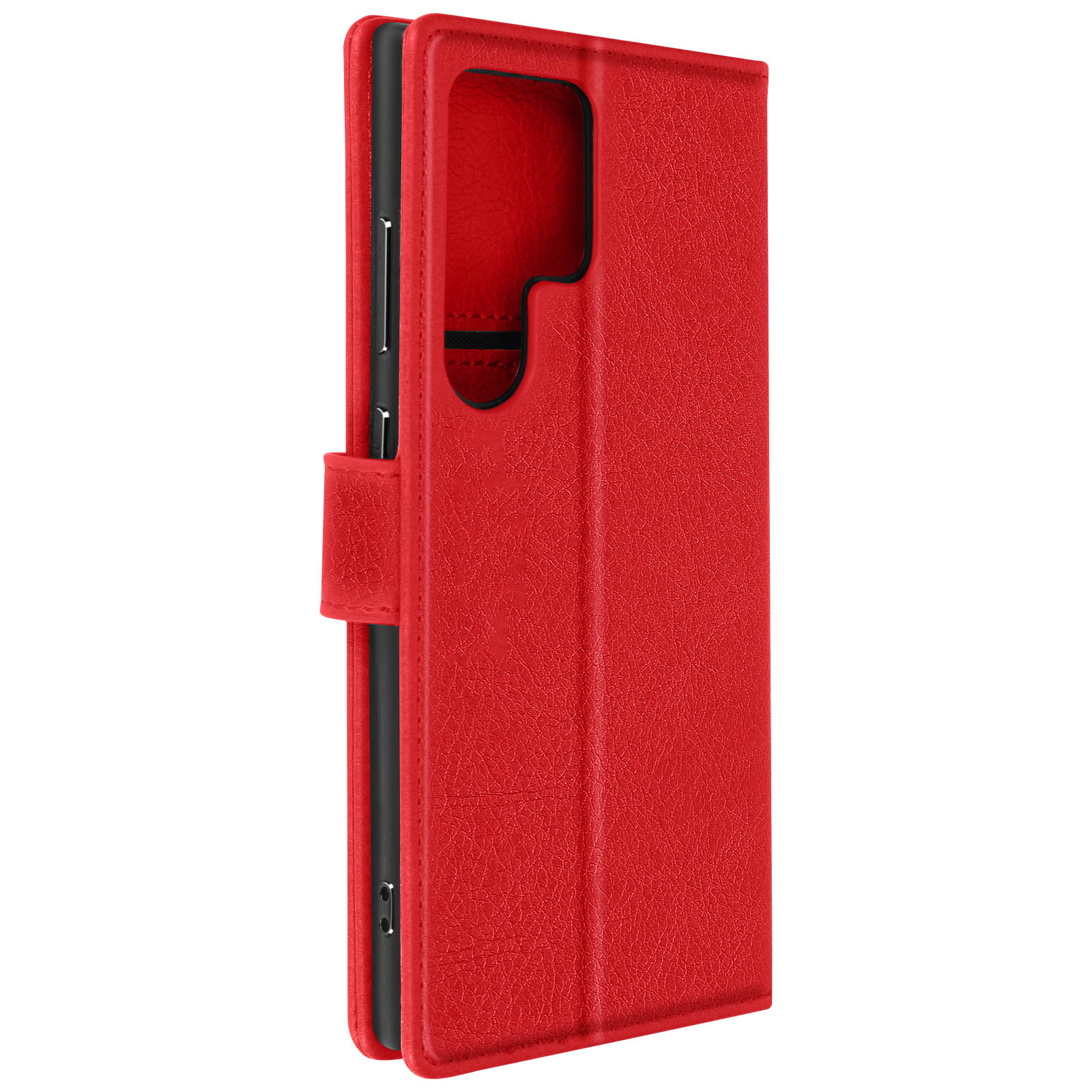 Custodia per telefono in pelle rossa, aperta con un design a portafoglio. Ha una chiusura magnetica.