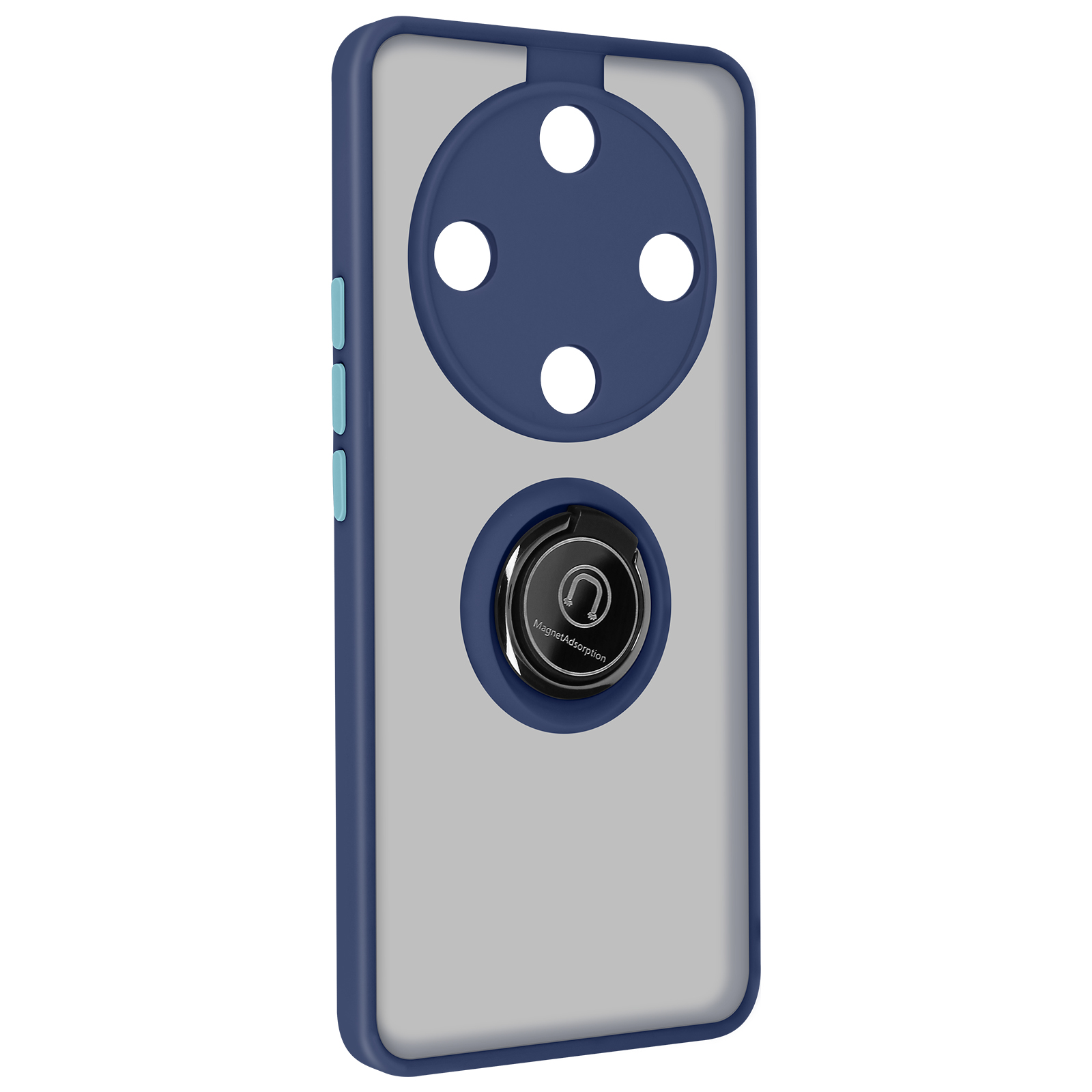 Custodia per telefono blu e grigia con supporto ad anello e fori per fotocamera. L'anello è nero e metallico.