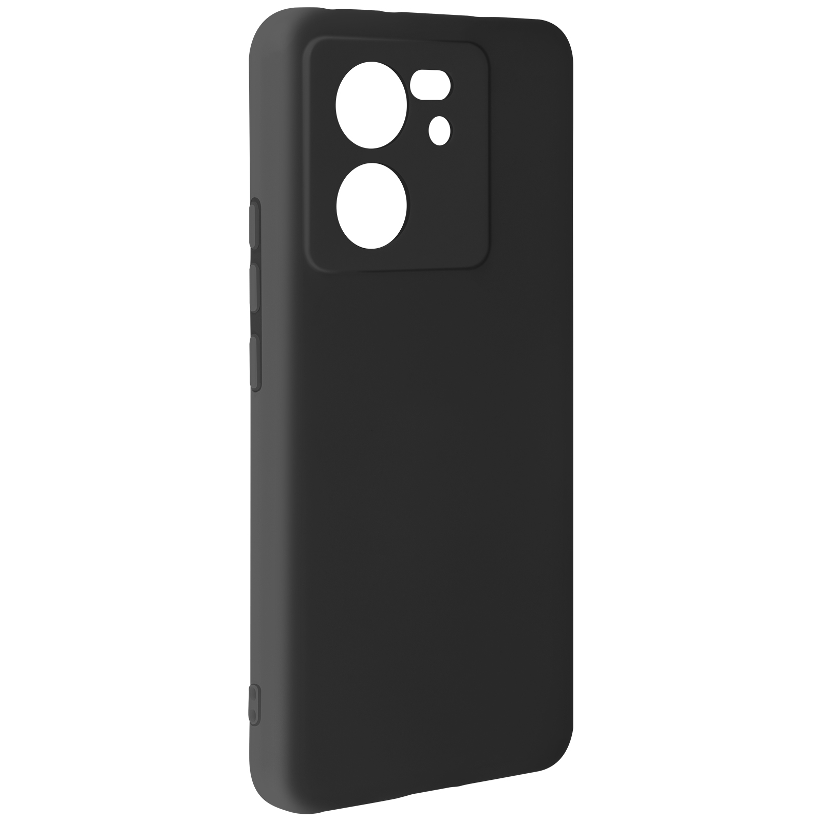 Custodia nera per telefono con ritagli per la fotocamera. Ci sono due grandi e due piccoli ritagli.