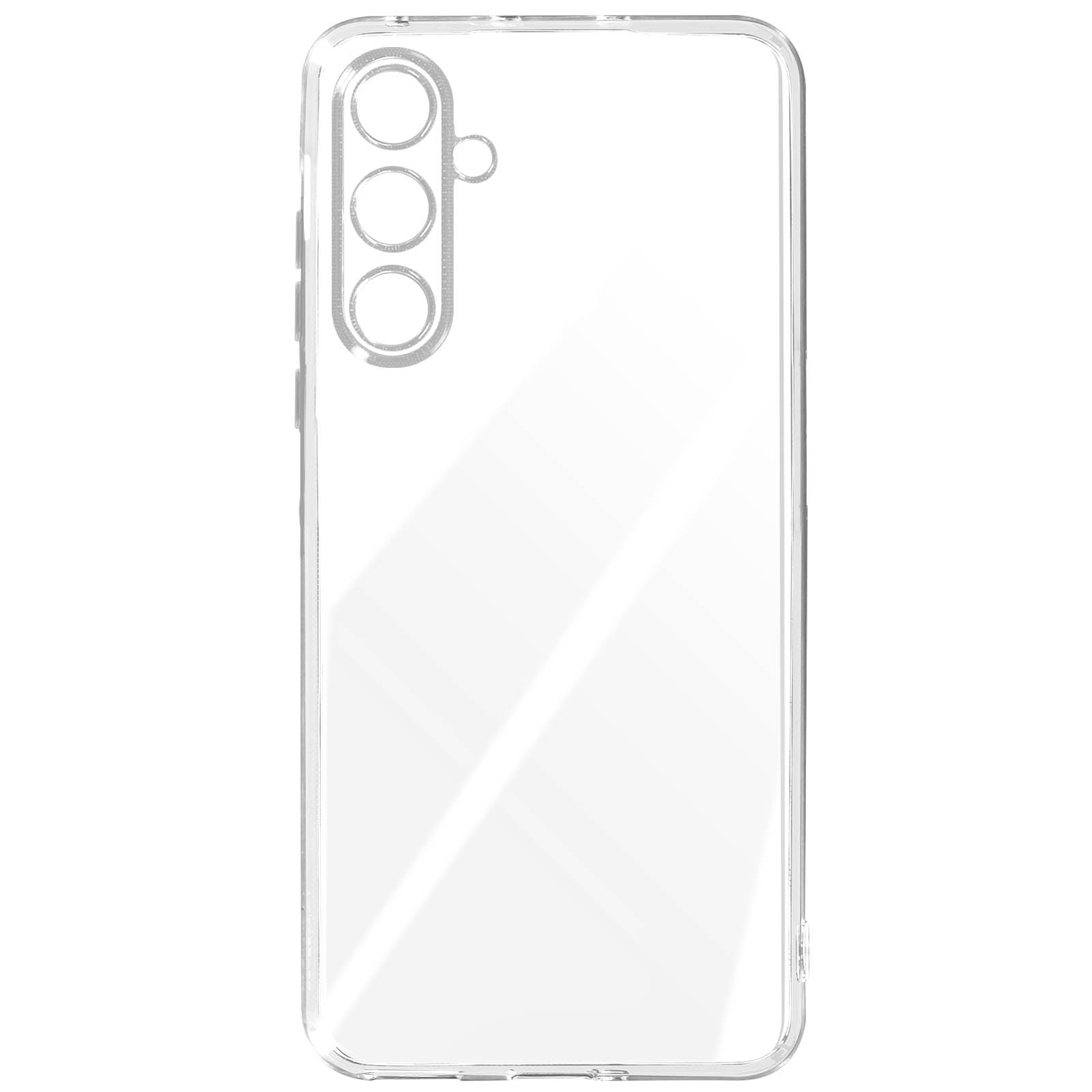 Custodia trasparente per telefono. Tre fori circolari per la fotocamera. Sfondo bianco.