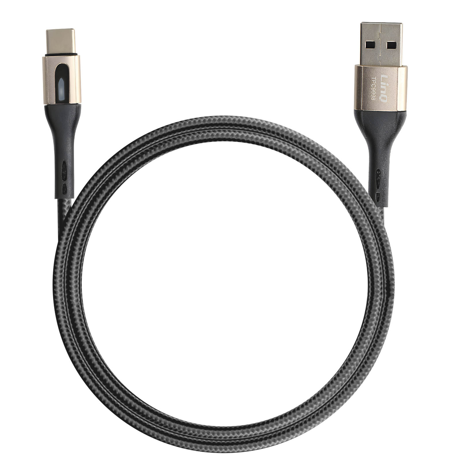 Cavo USB-C a USB-A nero e oro, arrotolato.