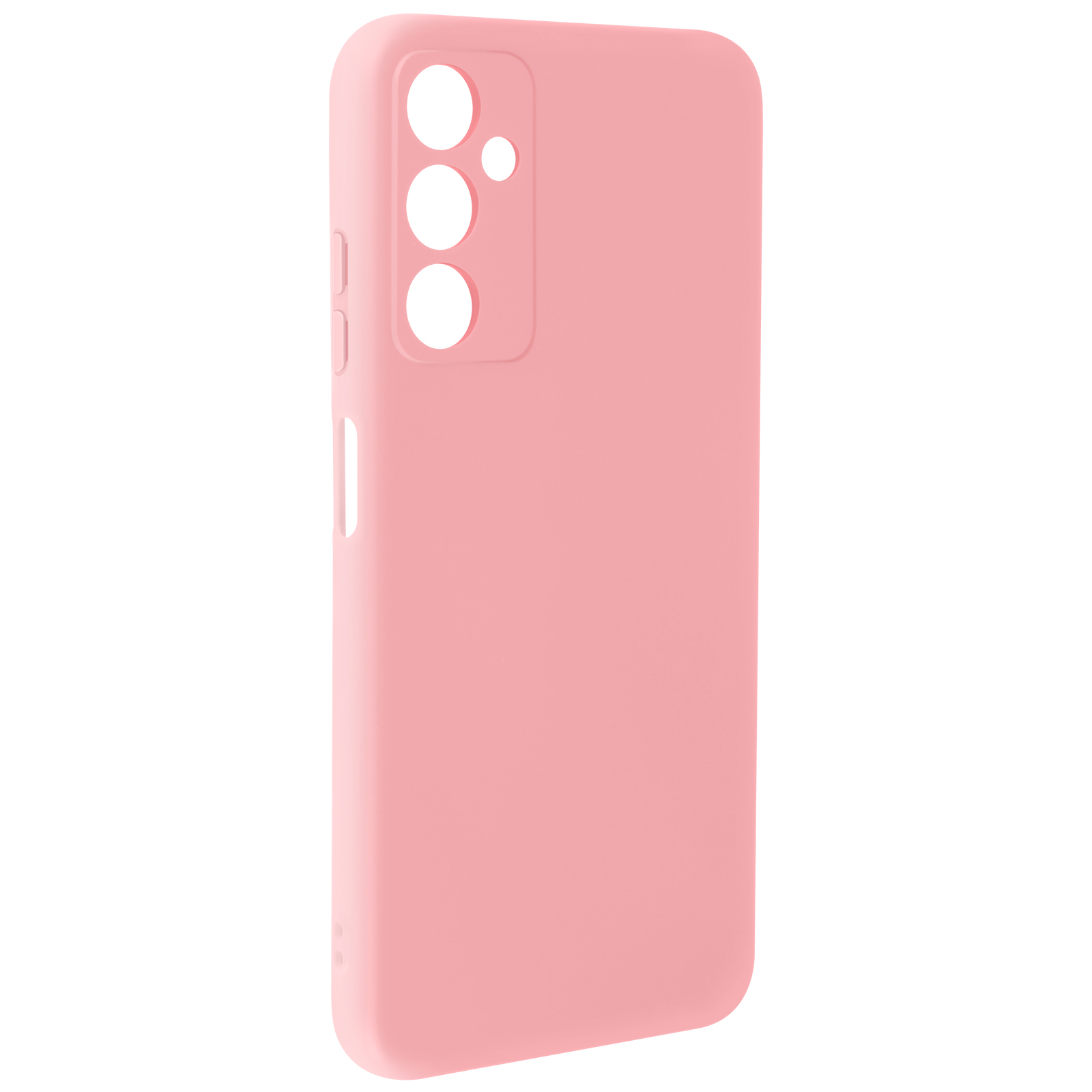 Coque de téléphone rose avec découpes pour l'appareil photo et les boutons latéraux.