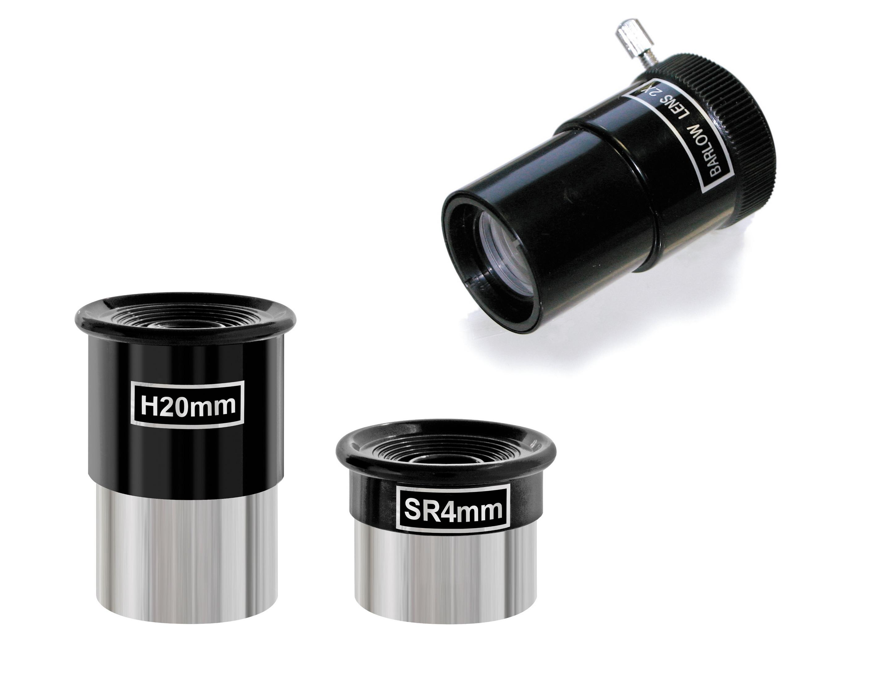 Teleskopokulare und eine Barlow-Linse. Die Objektive sind mit H20mm und SR4mm beschriftet. Die Barlow-Linse ist schwarz.