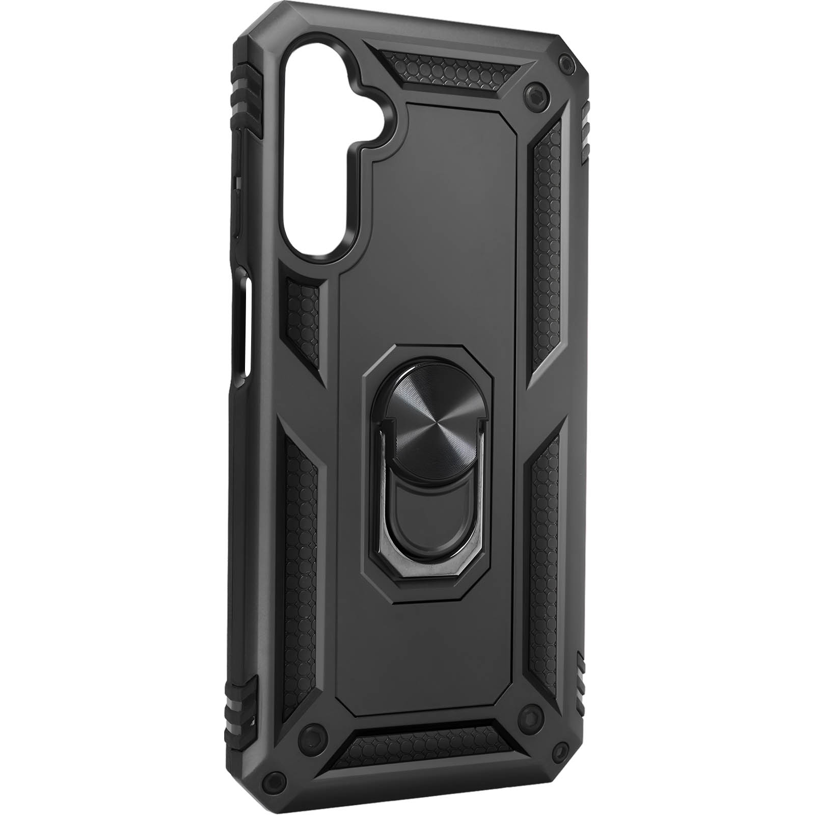 Custodia per telefono nera. La custodia ha un supporto ad anello e un design robusto e strutturato.
