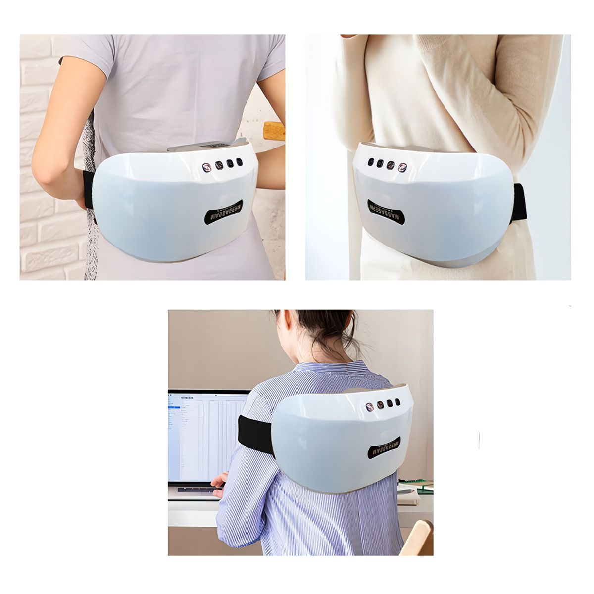 Tres imágenes de un dispositivo de masaje blanco que se utiliza en la espalda y el hombro por diferentes usuarios.