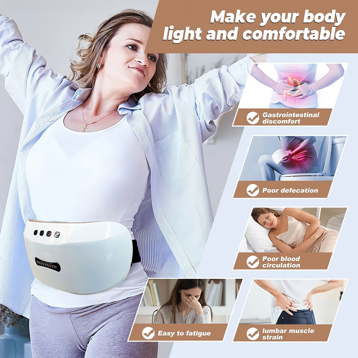 Mujer usando un masajeador corporal con iconos de beneficios para la salud.