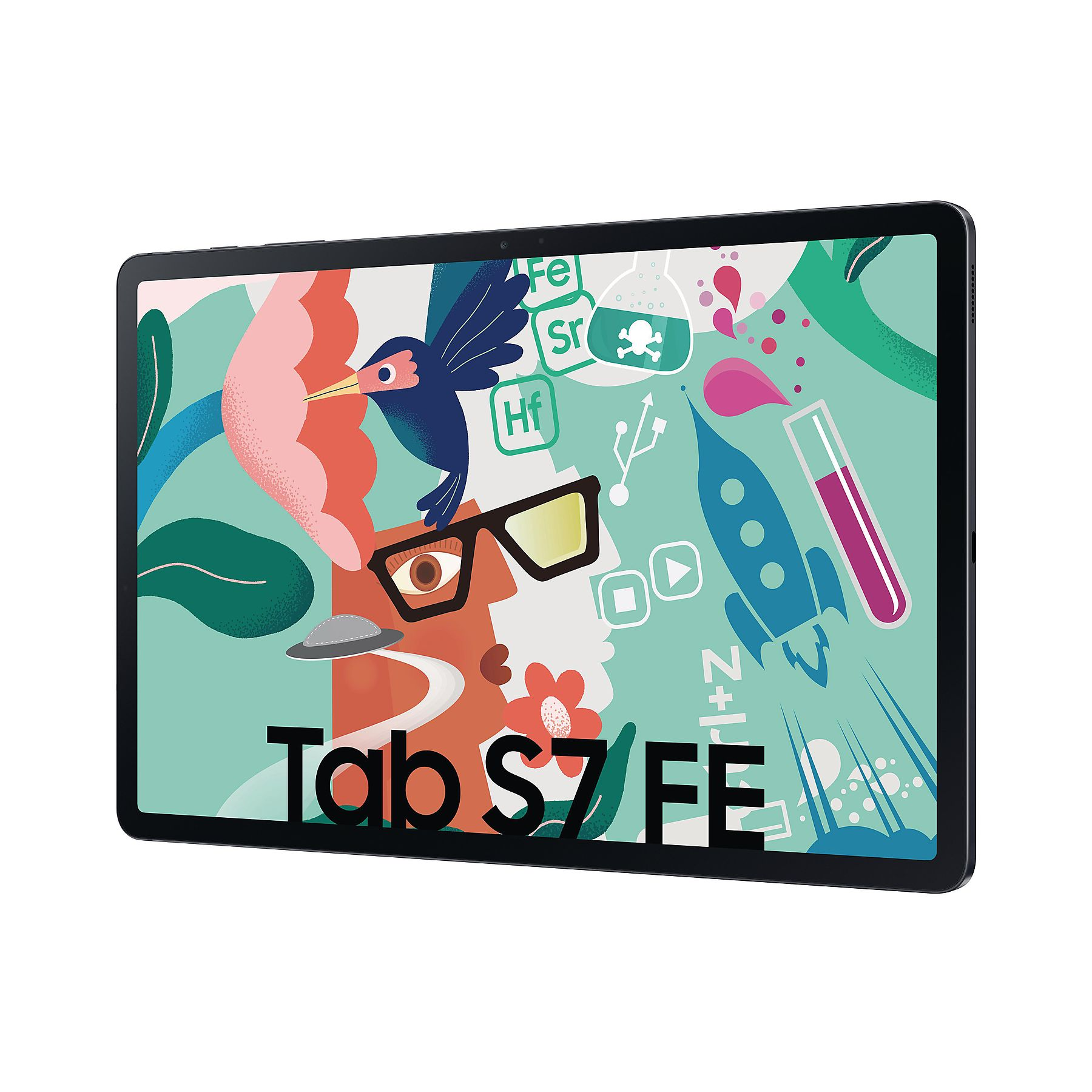 Una tableta con fondo colorido: pájaro, cohete y símbolos científicos. Tab S7 FE.