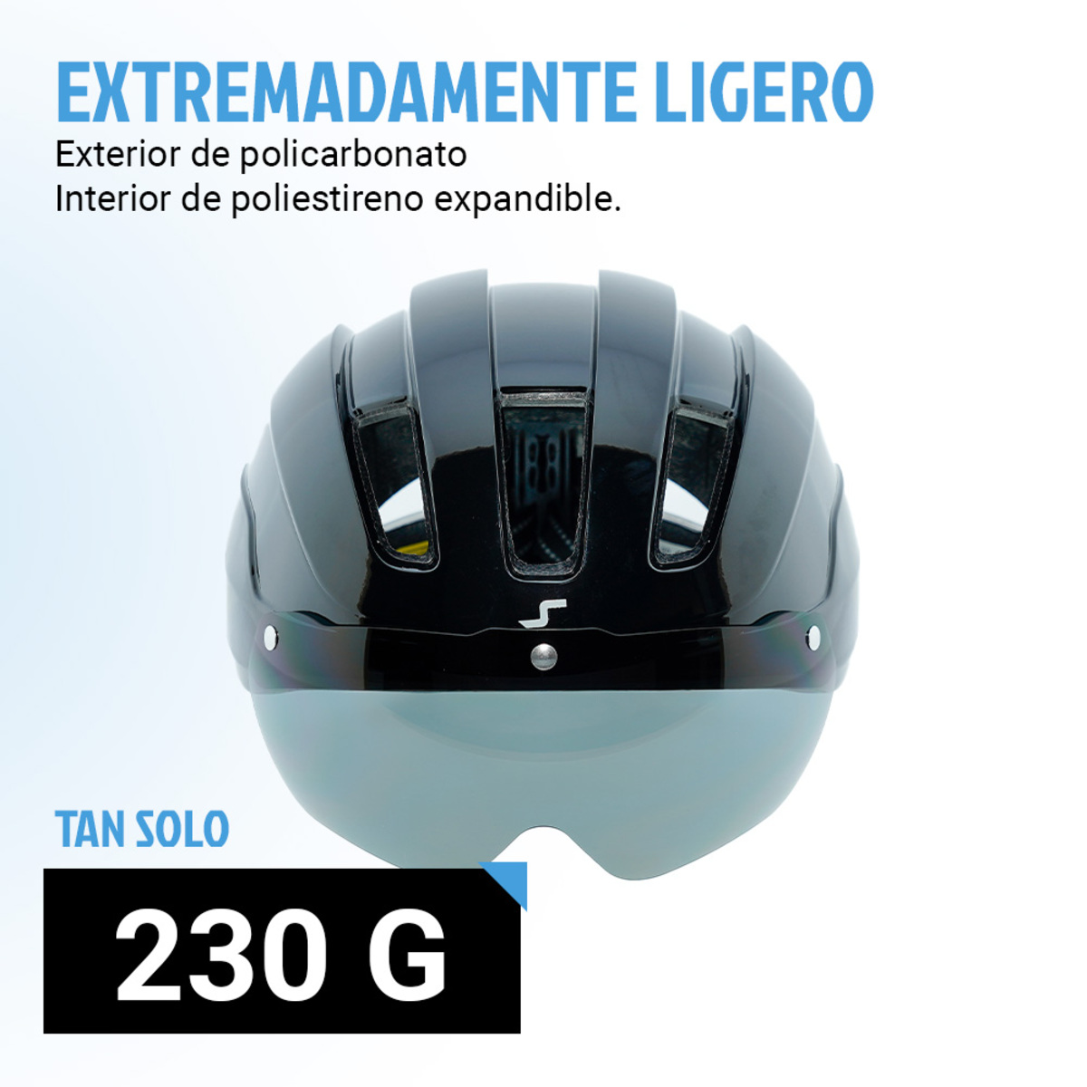 Casco negro con visera, texto '230 G' y 'Extremadamente Ligero'.