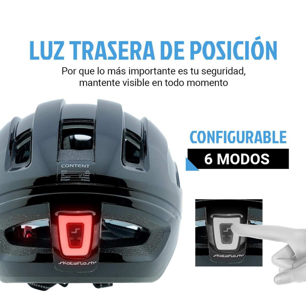 Casco de bicicleta negro con luz trasera roja. El texto dice 'Configurable 6 modos'.