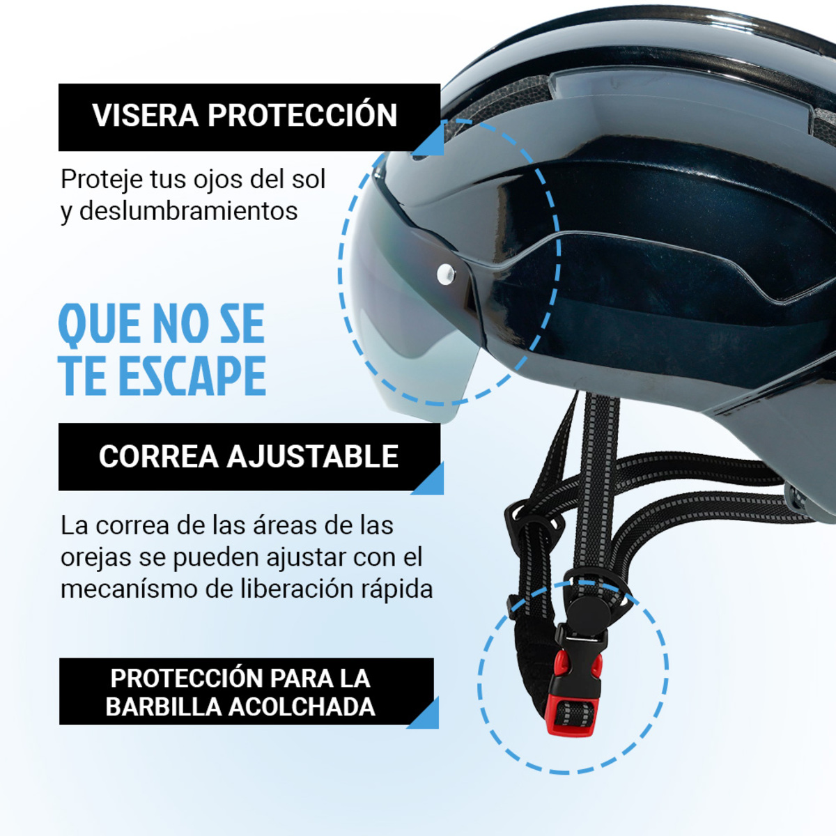 Un casco negro con texto y correa ajustable.
