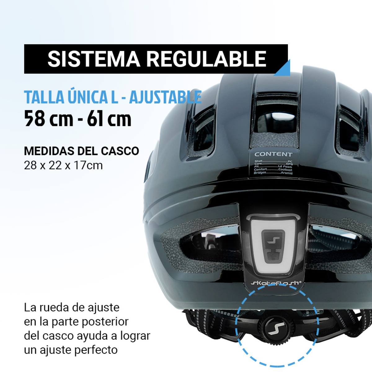 Casco negro con texto sobre tamaño ajustable y otras medidas.