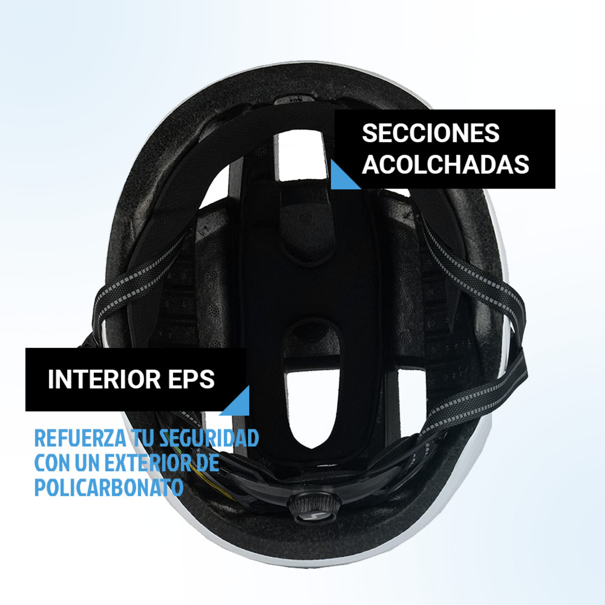 Interior del casco, que muestra acolchado y correas, vista superior.