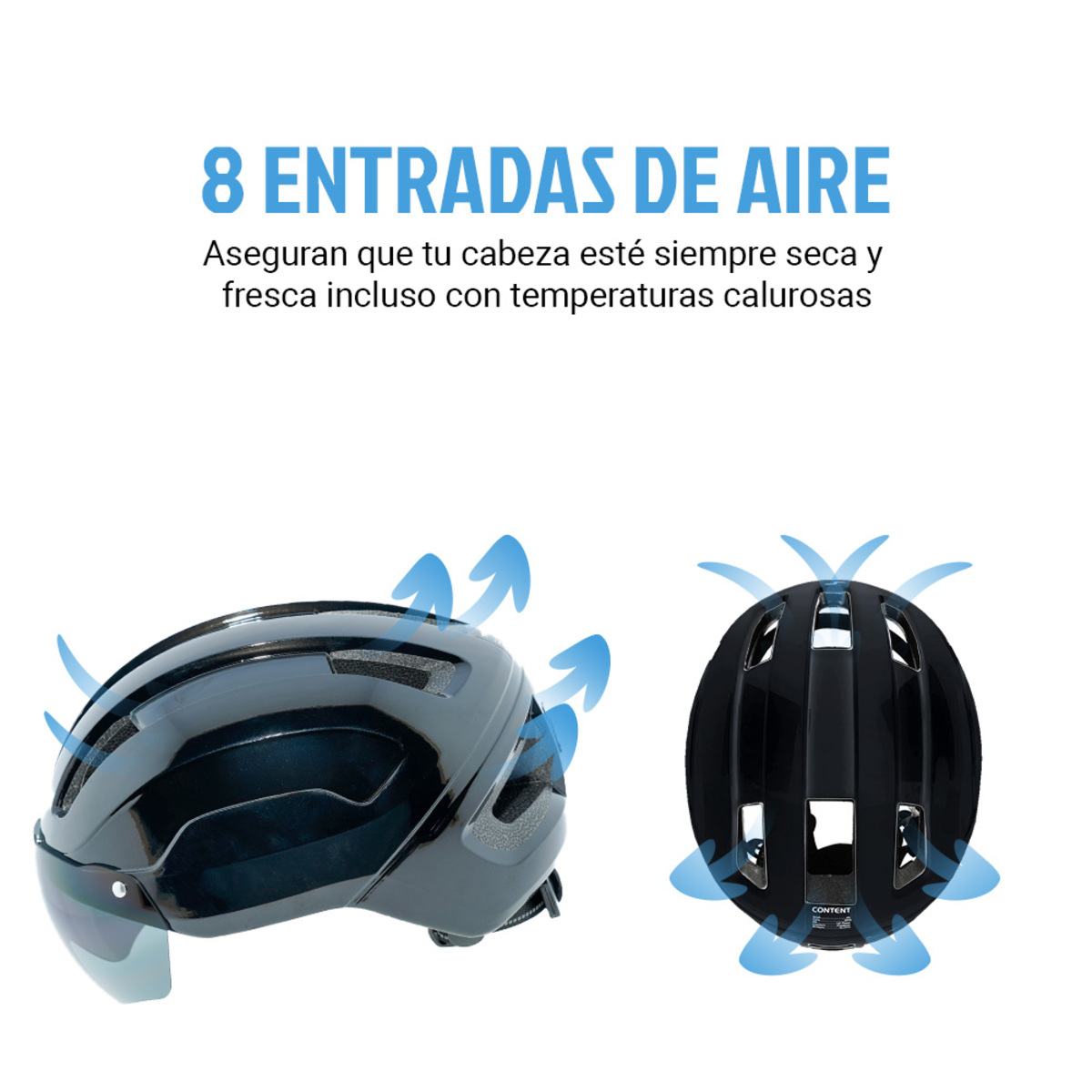 Casco de bicicleta negro con ventilación, flechas azules indican el flujo de aire.